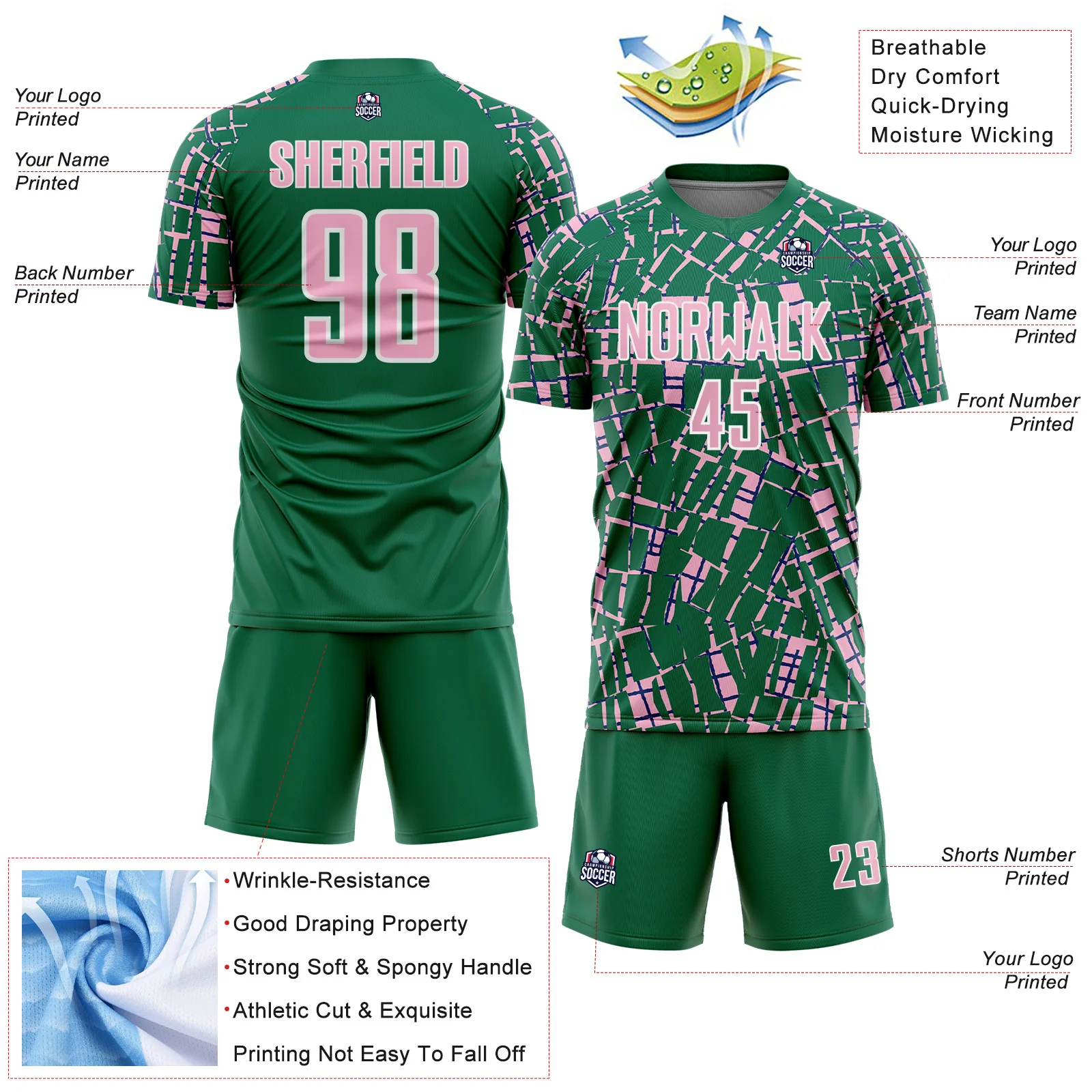 Custom Kelly Green Light Pink-White Abstract Line Sports Sublimation Soccer Uniform Jersey - Image 4