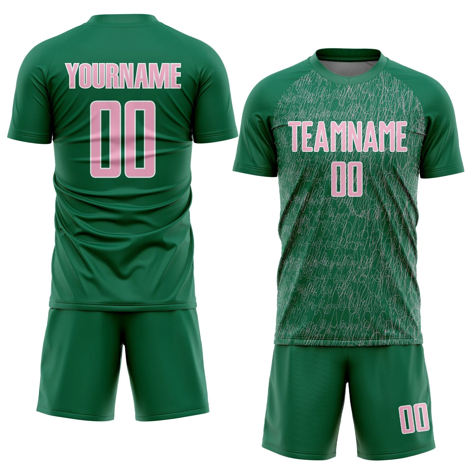 Custom Kelly Green Light Pink-White Abstract Scribble Curve Line Pattern Sports Sublimation Soccer Uniform Jersey - Image 2
