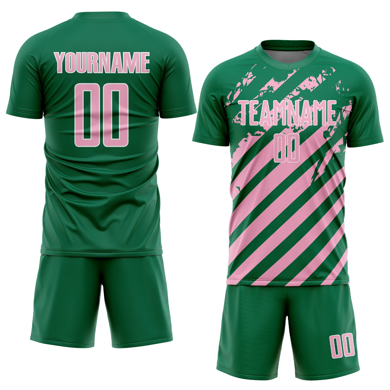 Custom Kelly Green Light Pink-White Distressed Diagonal Stripe Pattern Sports Sublimation Soccer Uniform Jersey - Image 2