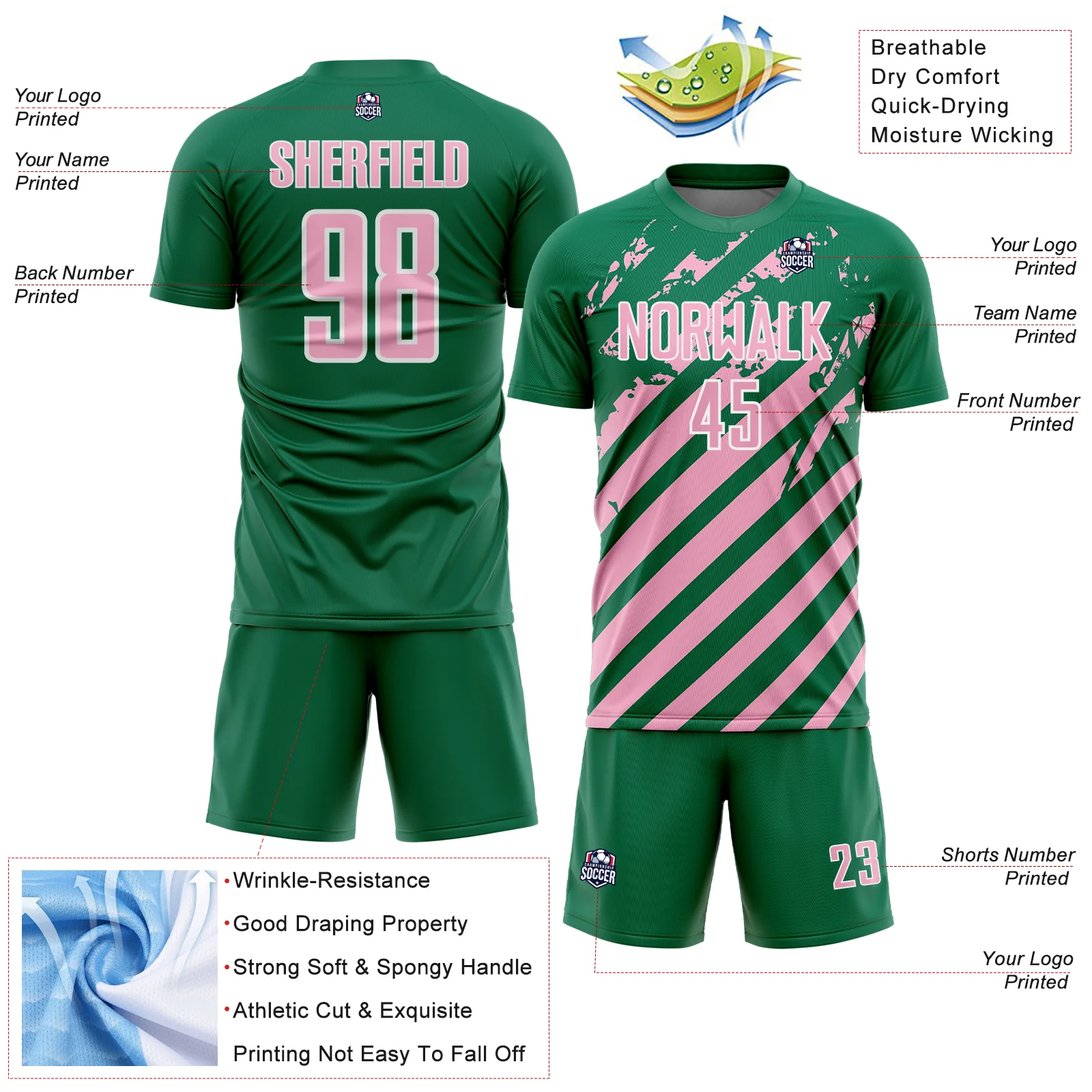 Custom Kelly Green Light Pink-White Distressed Diagonal Stripe Pattern Sports Sublimation Soccer Uniform Jersey - Image 4