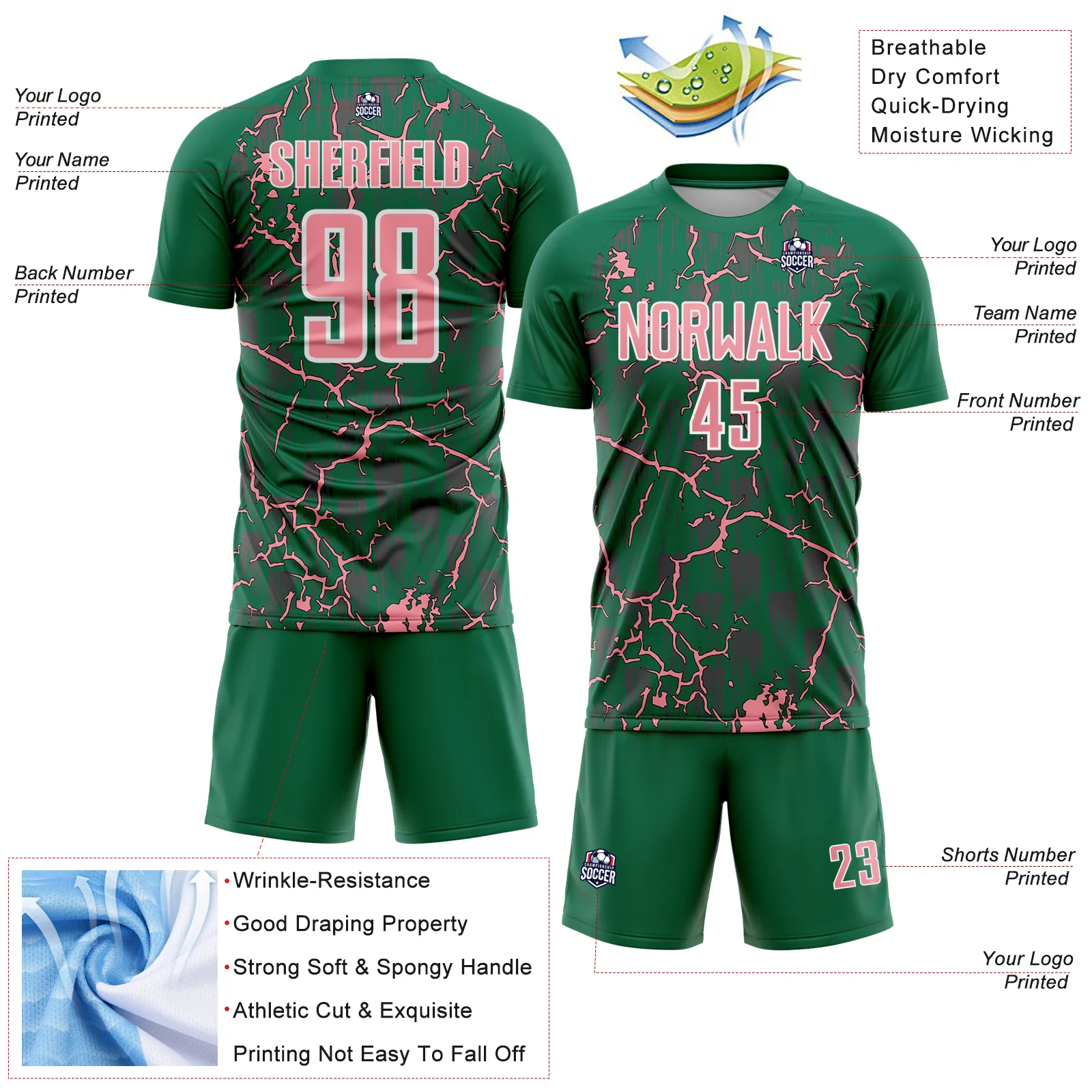 Custom Kelly Green Medium Pink-White Lightning Sublimation Soccer Uniform Jersey - Image 4