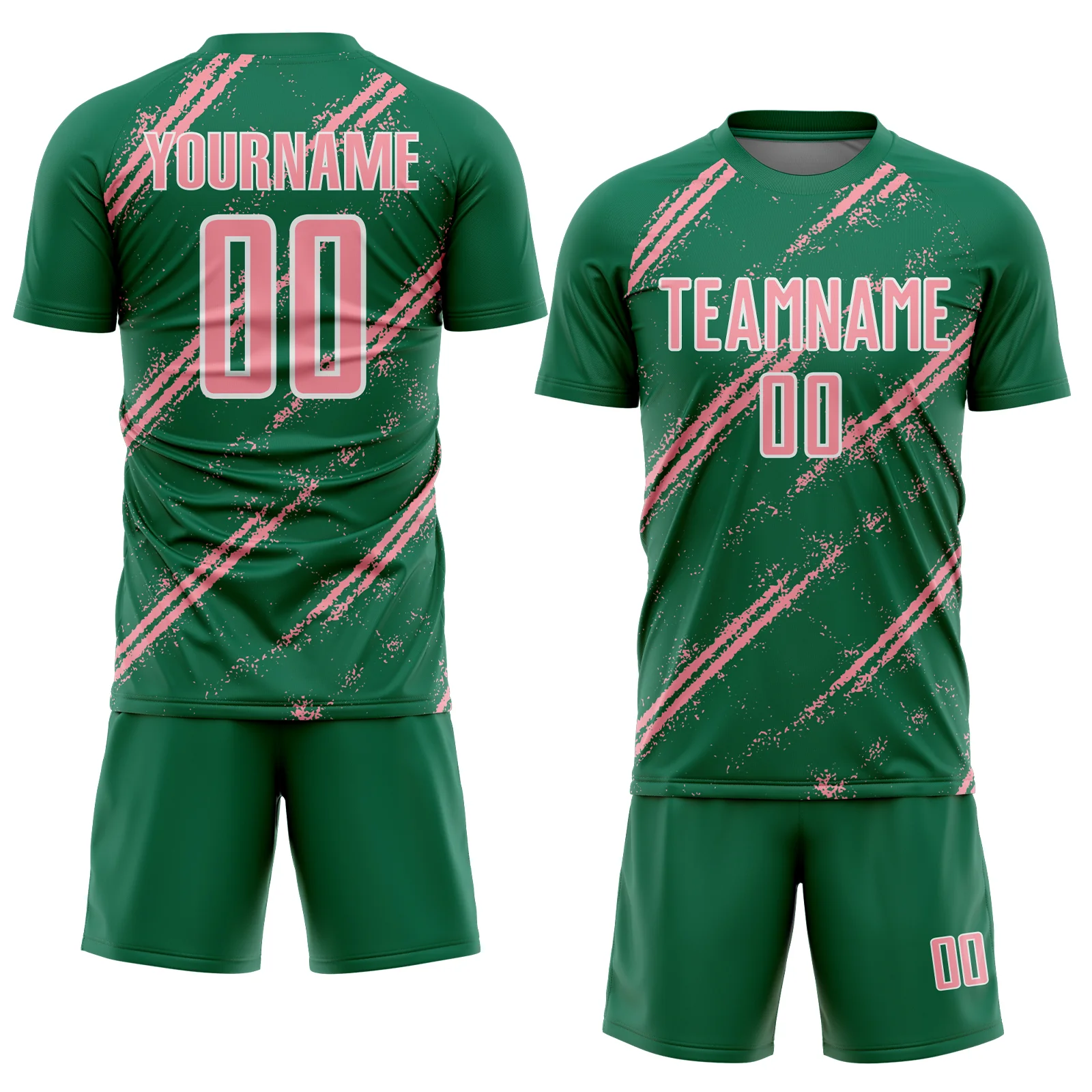 Custom Kelly Green Medium Pink-White Abstract Fragment Art Splash Sublimation Soccer Uniform Jersey - Image 2