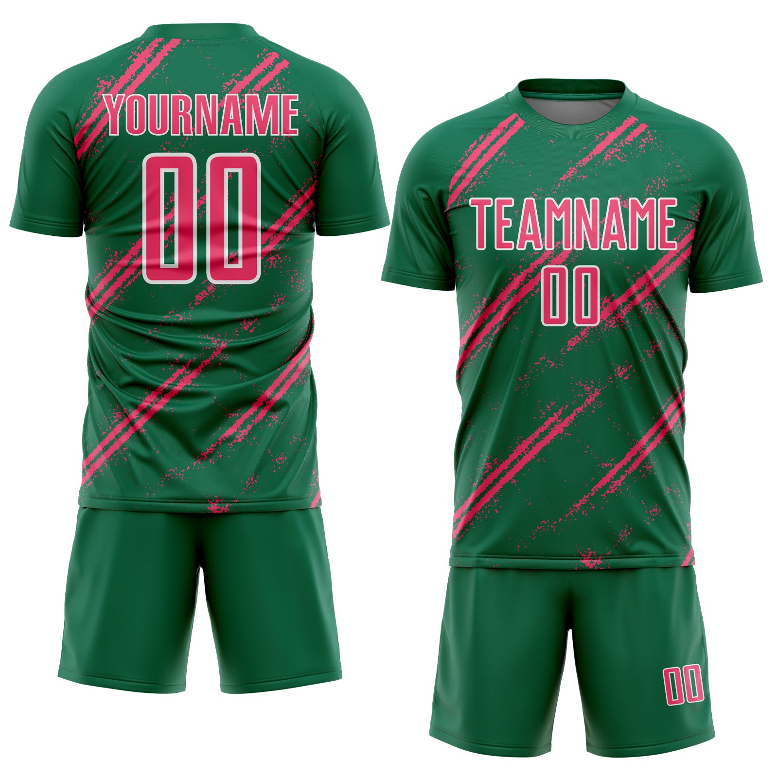 Custom Kelly Green Neon Pink-White Abstract Fragment Art Splash Sublimation Soccer Uniform Jersey - Image 2