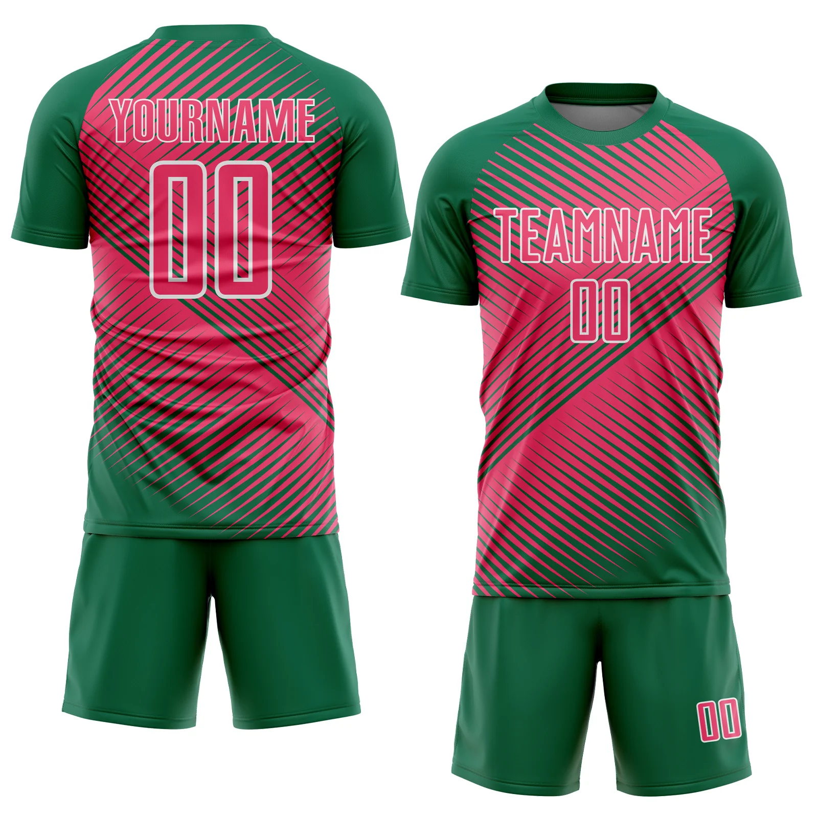 Custom Kelly Green Neon Pink-White Line Sublimation Soccer Uniform Jersey - Image 2