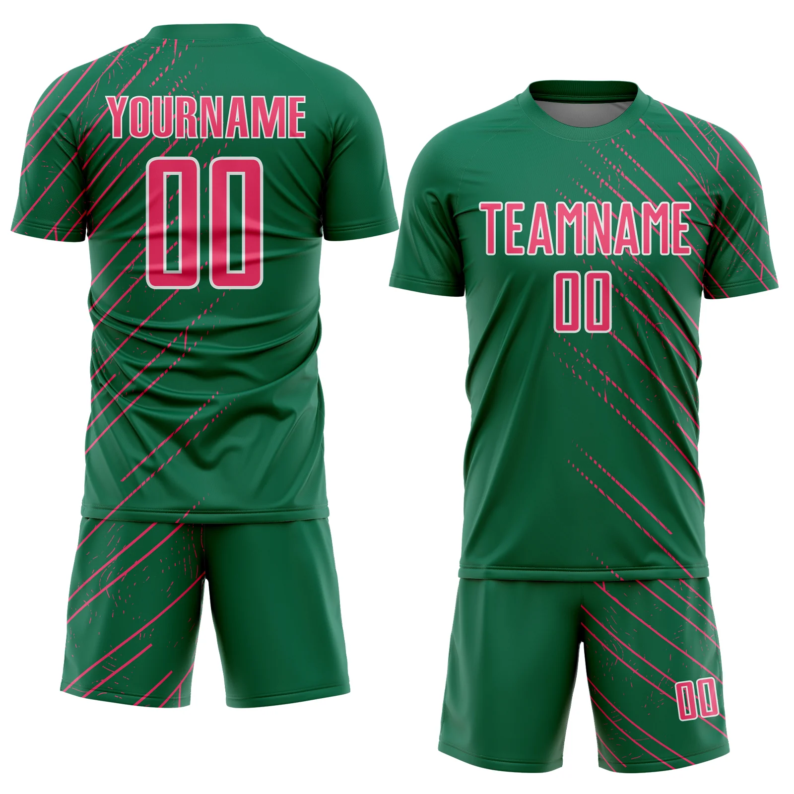 Custom Kelly Green Neon Pink-White Lines Sports Sublimation Soccer Uniform Jersey - Image 2