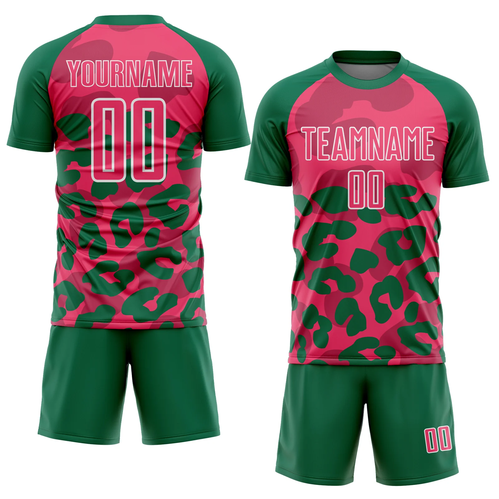 Custom Kelly Green Neon Pink-White Animal Leopard Print Sports Sublimation Soccer Uniform Jersey - Image 2