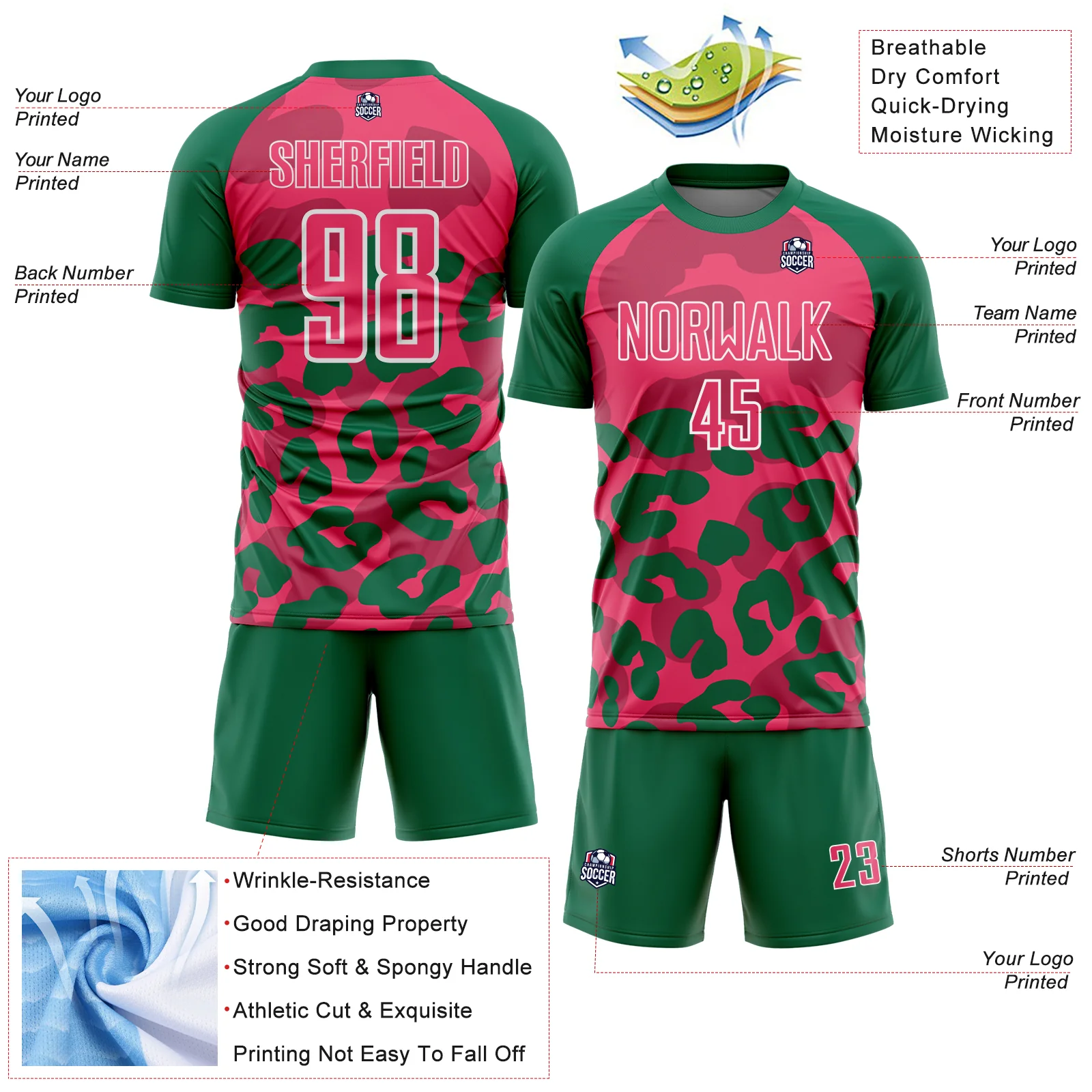 Custom Kelly Green Neon Pink-White Animal Leopard Print Sports Sublimation Soccer Uniform Jersey - Image 4