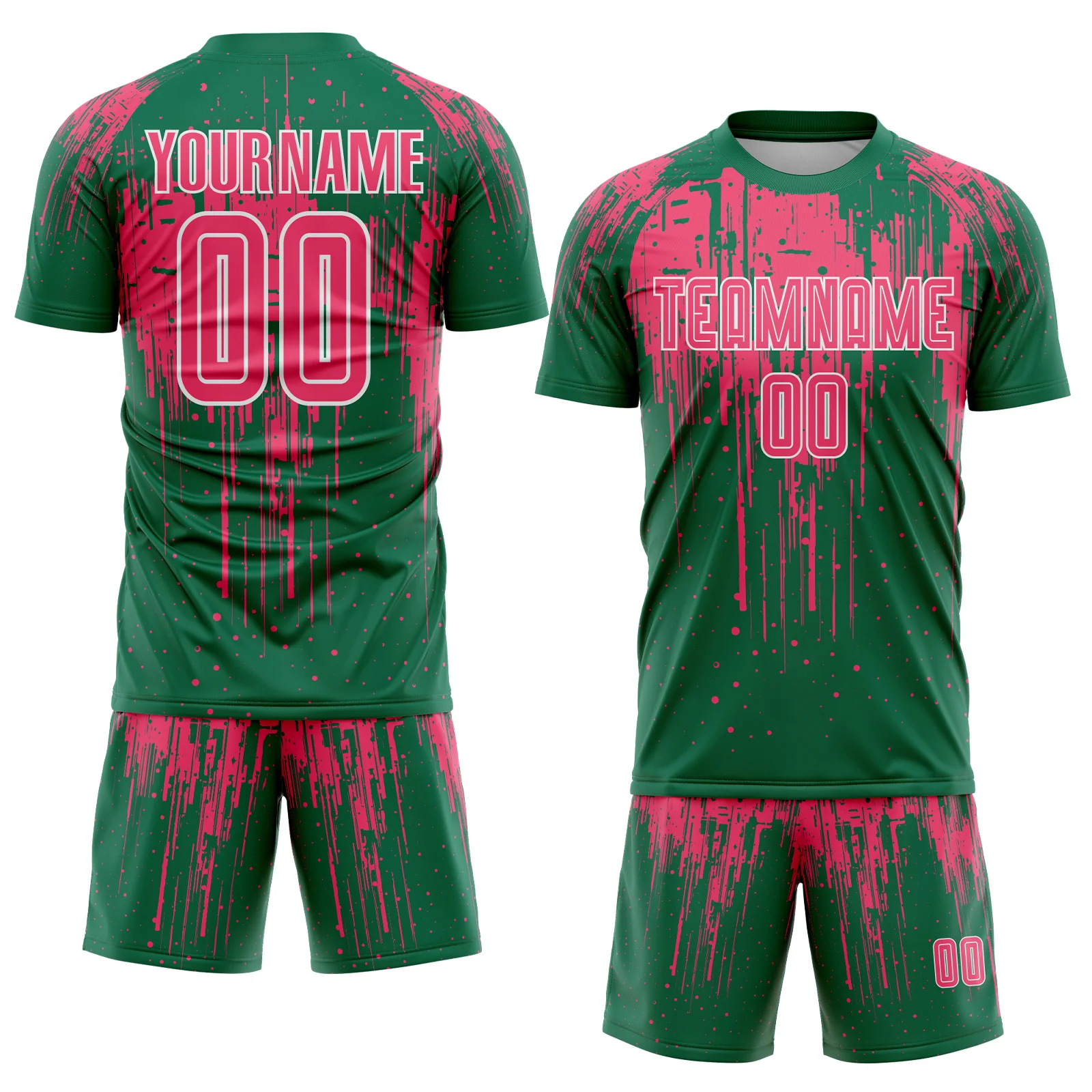 Custom Kelly Green Neon Pink-White Dripping Splatte Pattern Sports Sublimation Soccer Uniform Jersey - Image 2