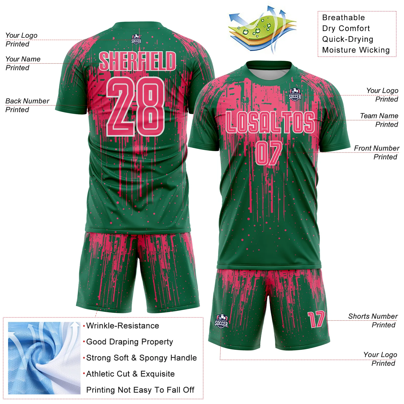 Custom Kelly Green Neon Pink-White Dripping Splatte Pattern Sports Sublimation Soccer Uniform Jersey - Image 4