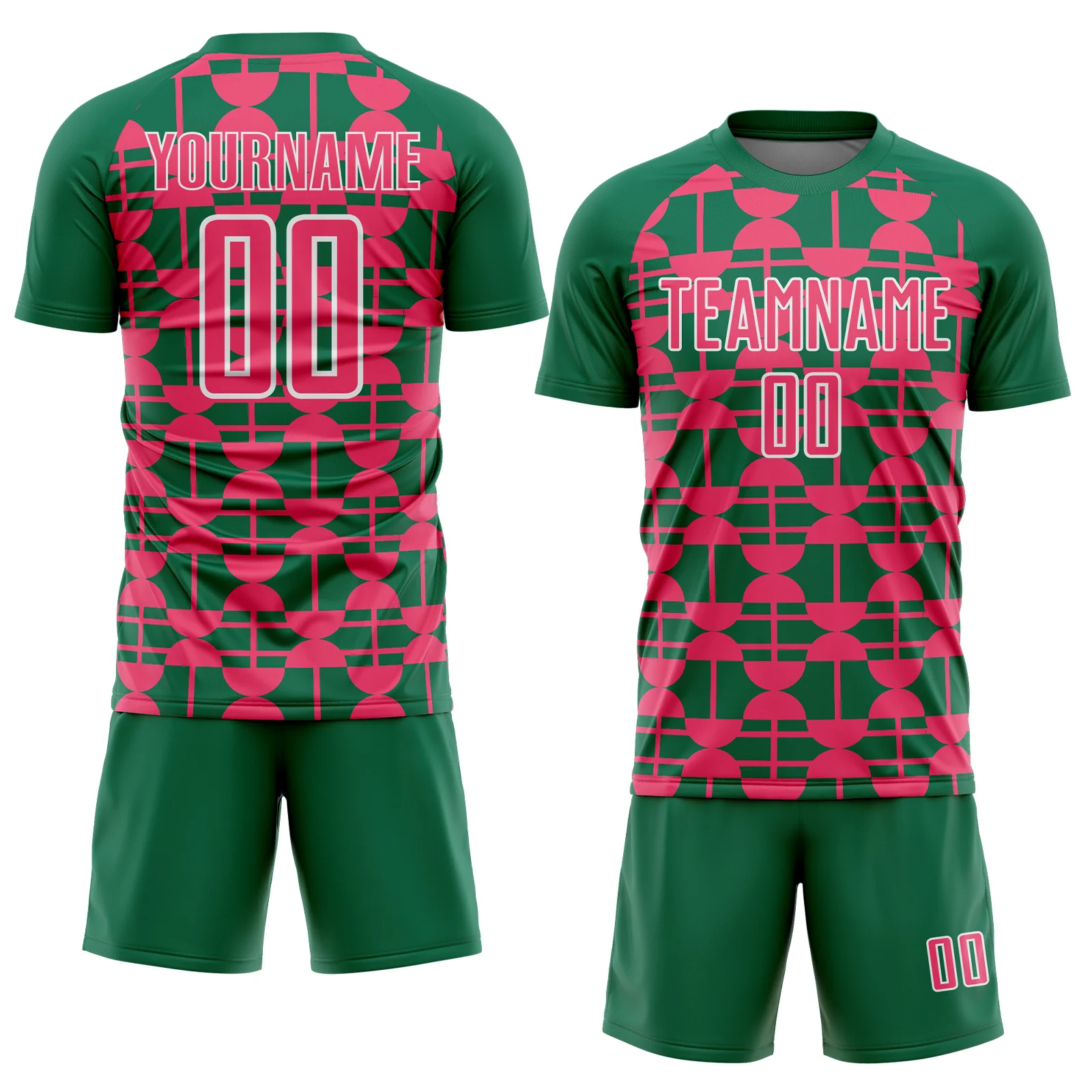 Custom Kelly Green Neon Pink-White Geometric Shapes Sports Sublimation Soccer Uniform Jersey - Image 2