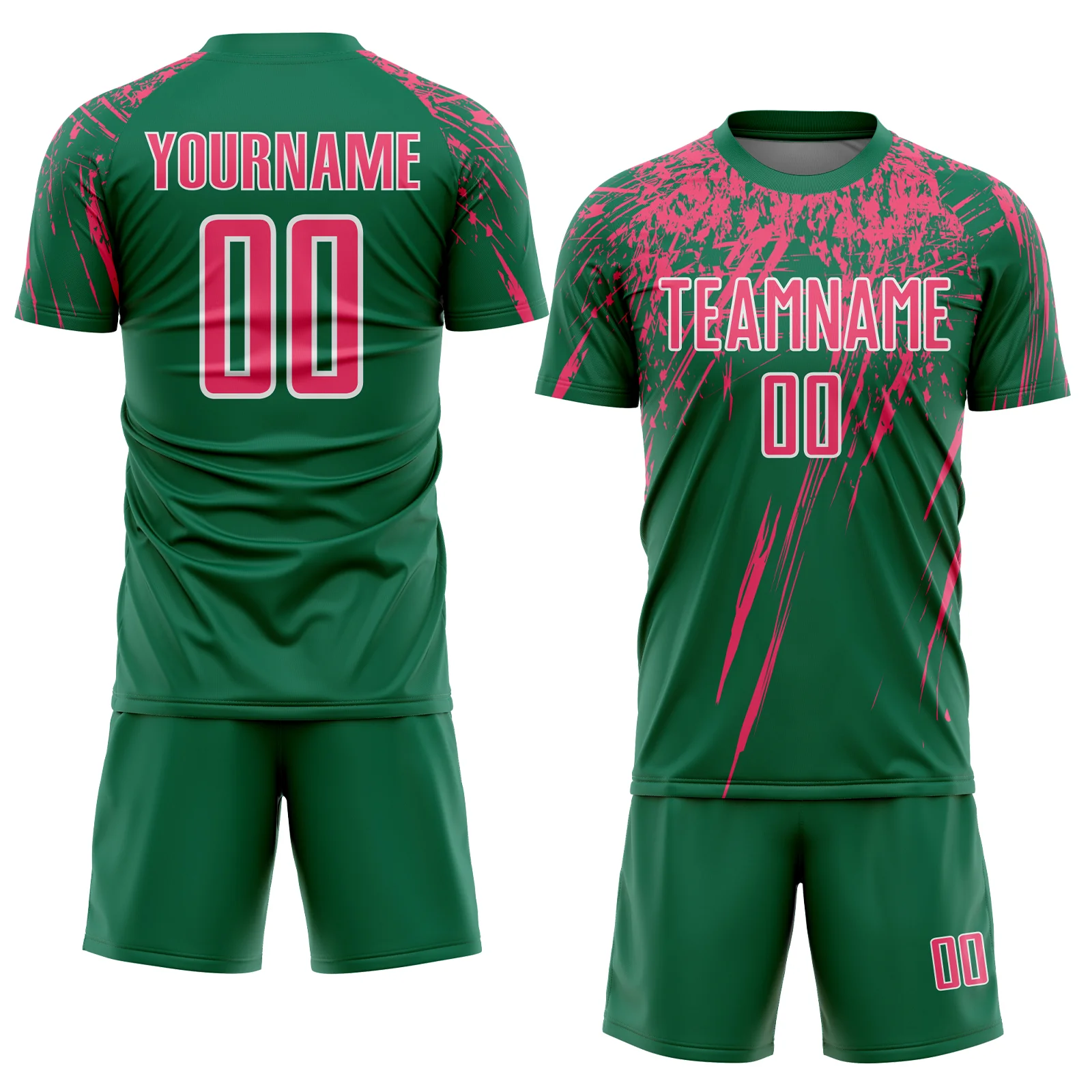 Custom Kelly Green Neon Pink-White Splash Sports Sublimation Soccer Uniform Jersey - Image 2