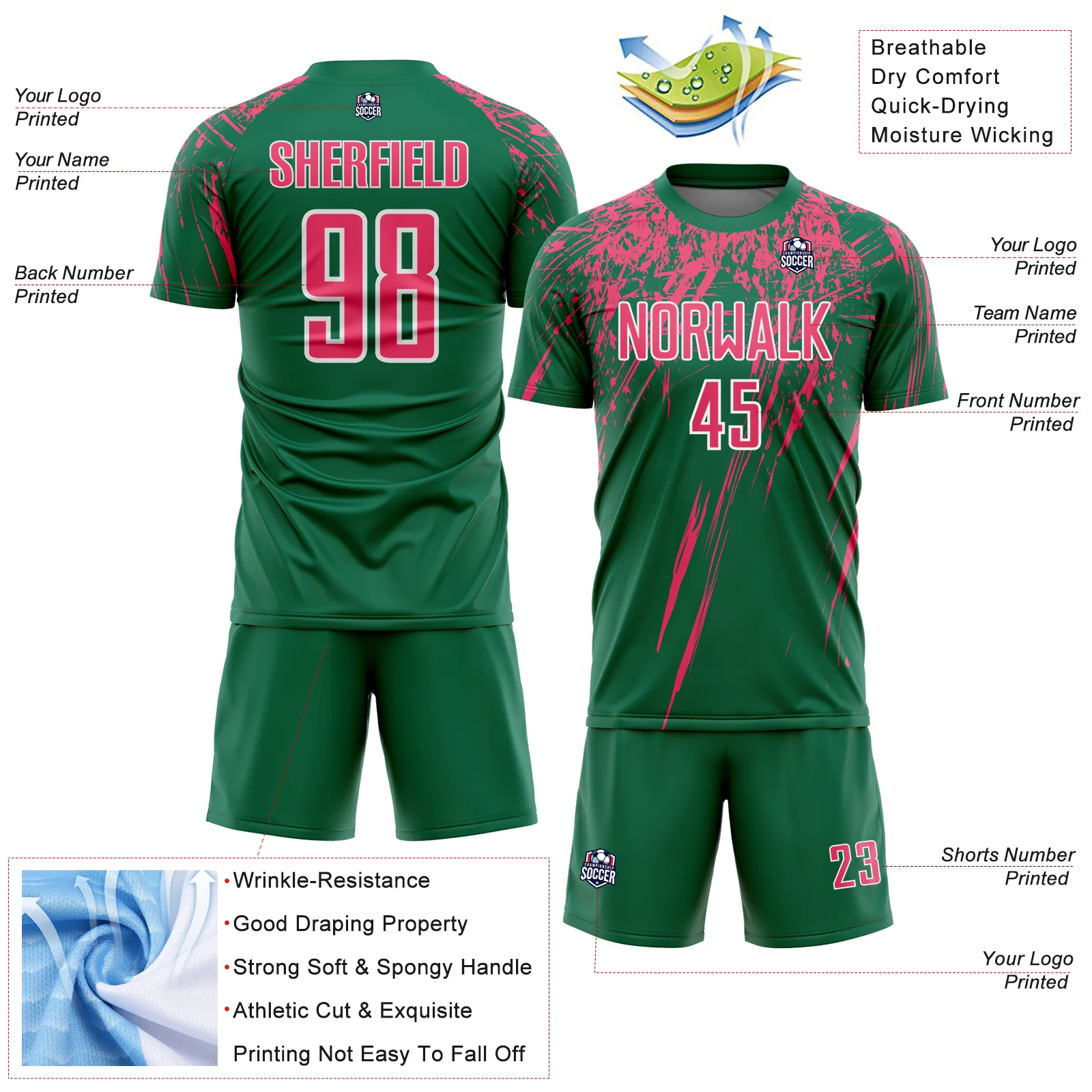 Custom Kelly Green Neon Pink-White Splash Sports Sublimation Soccer Uniform Jersey - Image 4