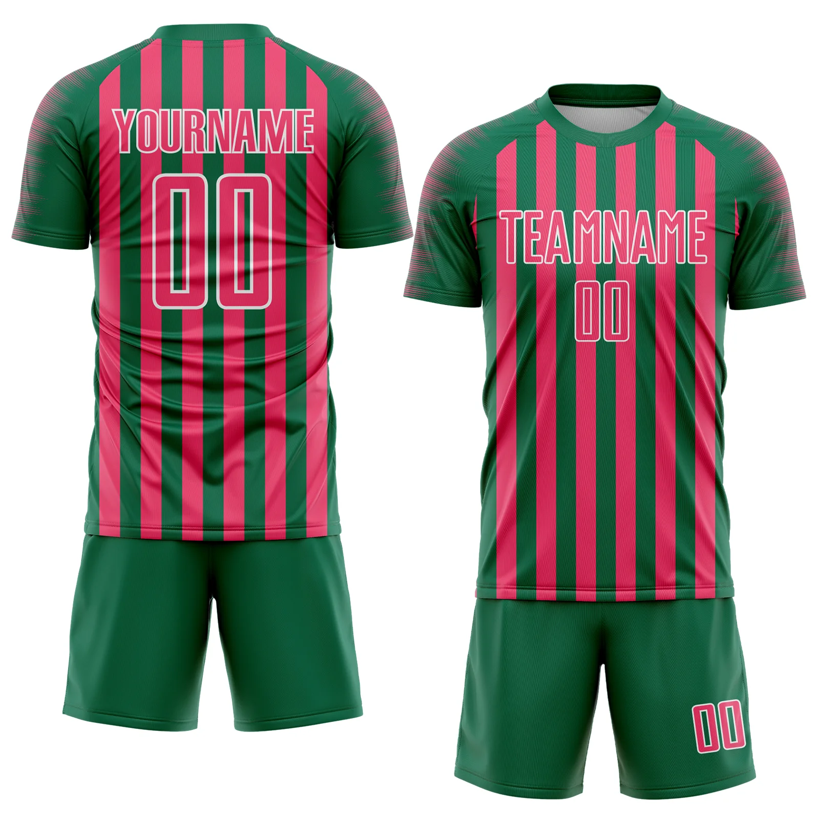 Custom Kelly Green Neon Pink-White Stripe Sports Sublimation Soccer Uniform Jersey - Image 2
