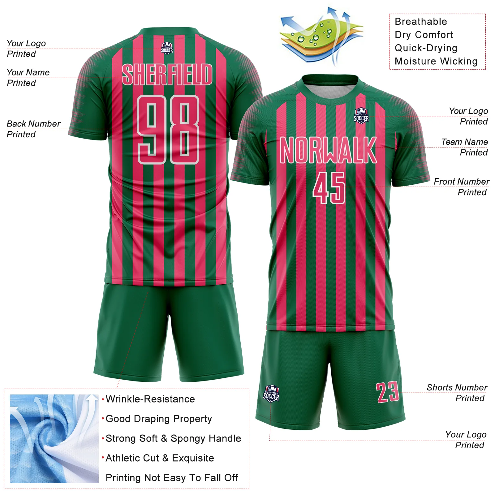 Custom Kelly Green Neon Pink-White Stripe Sports Sublimation Soccer Uniform Jersey - Image 4