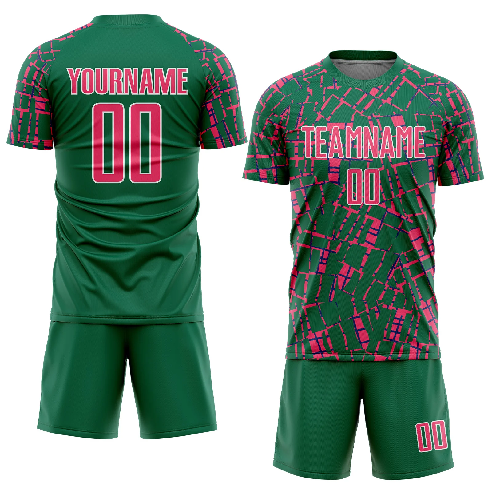 Custom Kelly Green Neon Pink-White Abstract Line Sports Sublimation Soccer Uniform Jersey - Image 2