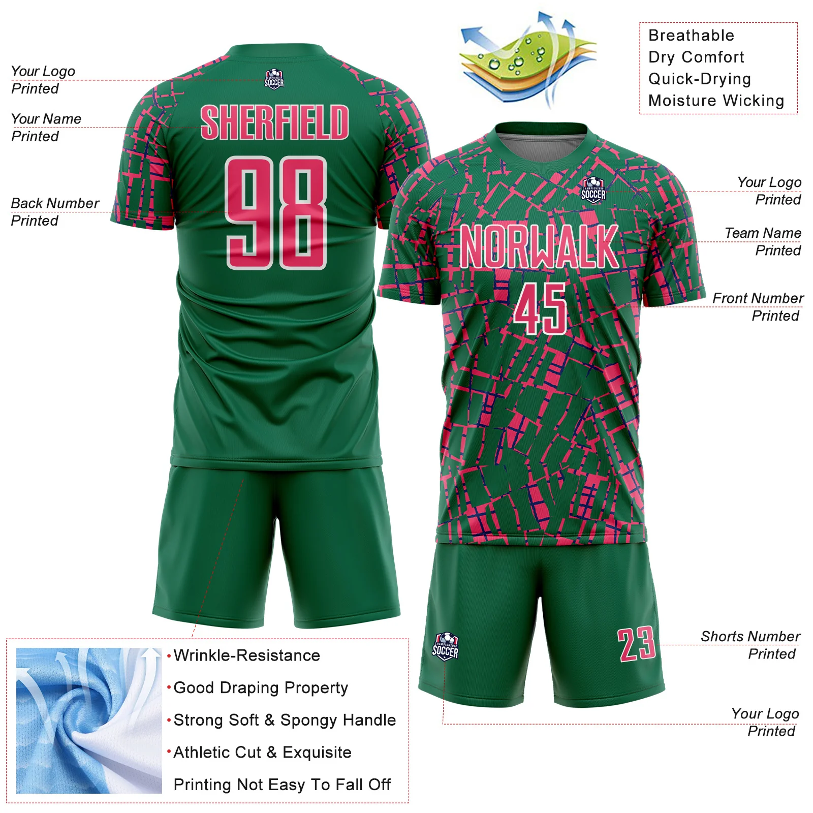 Custom Kelly Green Neon Pink-White Abstract Line Sports Sublimation Soccer Uniform Jersey - Image 4