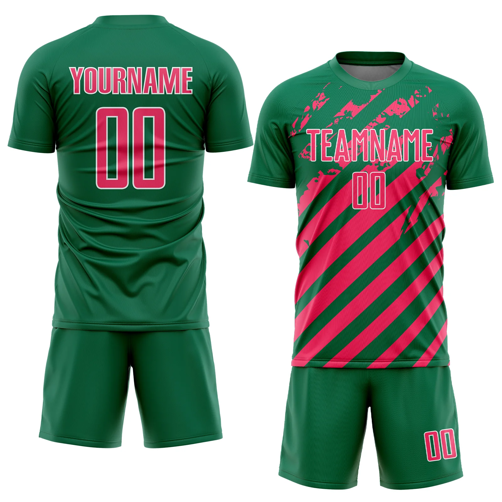 Custom Kelly Green Neon Pink-White Distressed Diagonal Stripe Pattern Sports Sublimation Soccer Uniform Jersey - Image 2