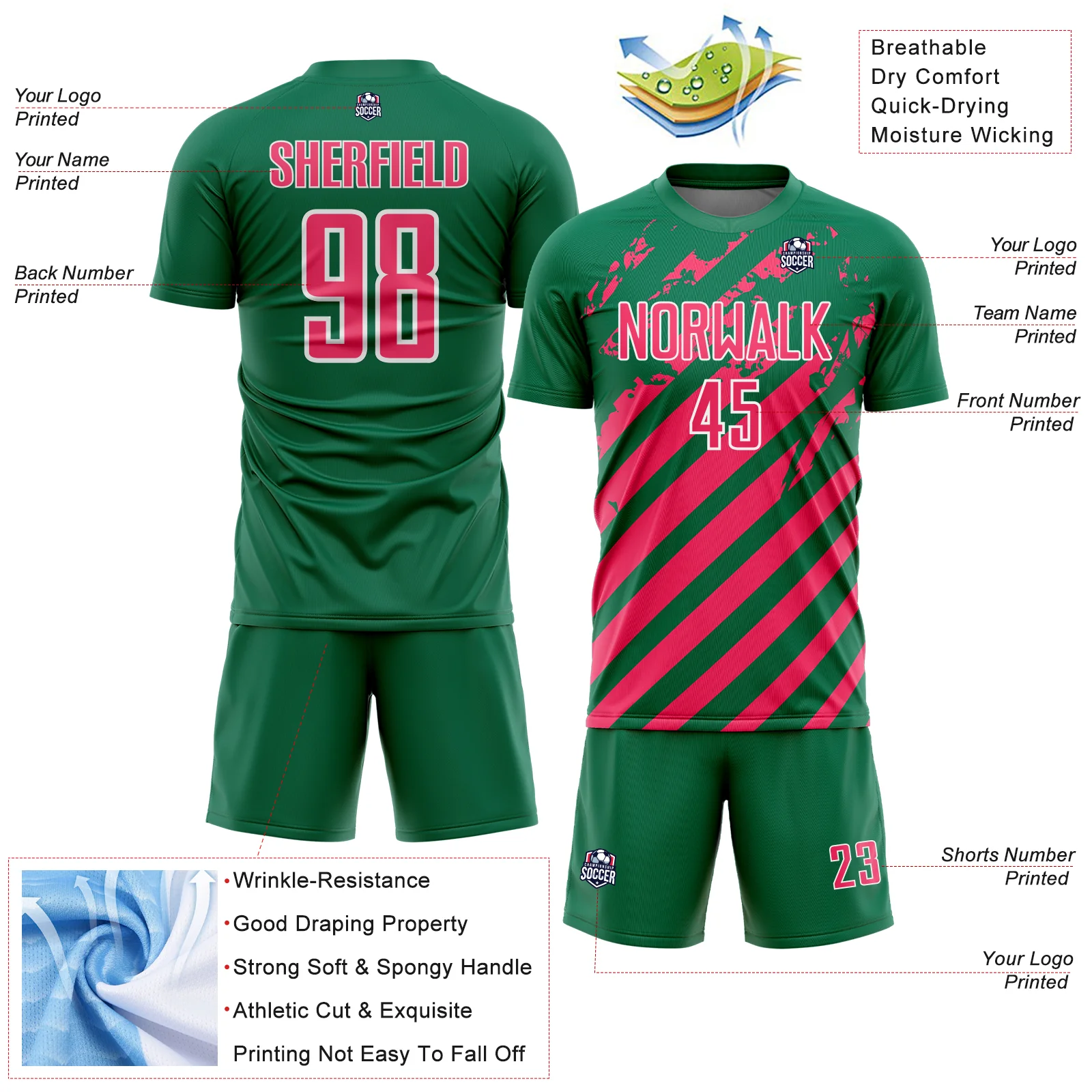 Custom Kelly Green Neon Pink-White Distressed Diagonal Stripe Pattern Sports Sublimation Soccer Uniform Jersey - Image 4