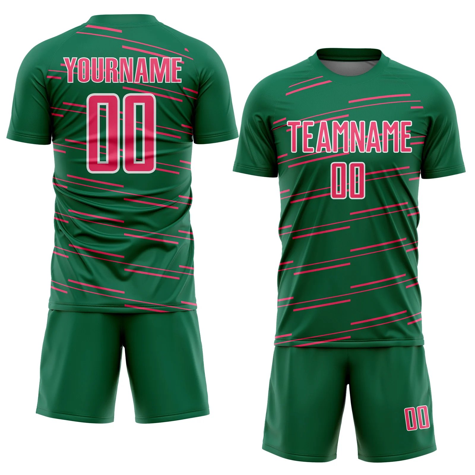 Custom Kelly Green Neon Pink-White Diagonal Pinstripes Lines Sports Sublimation Soccer Uniform Jersey - Image 2