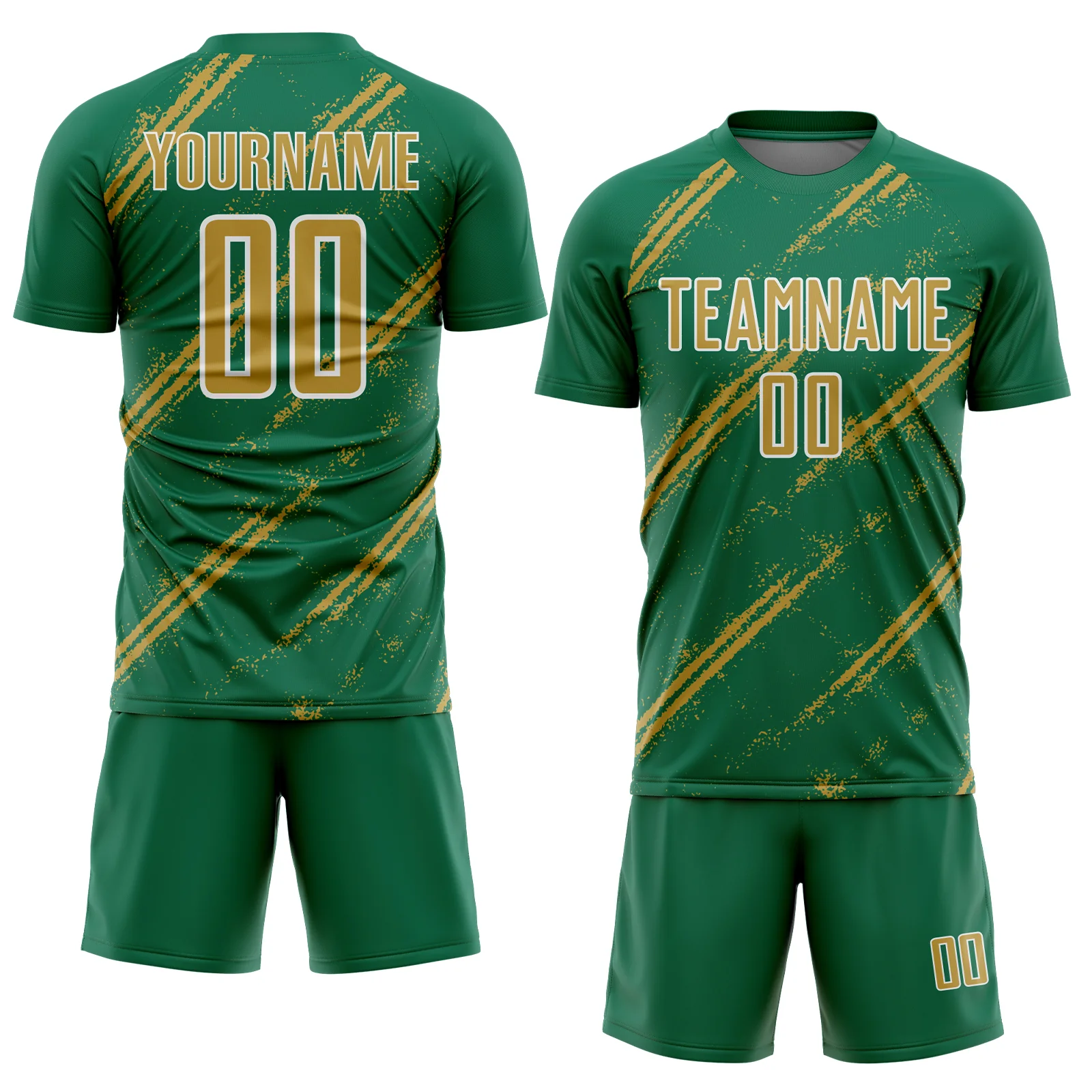 Custom Kelly Green Old Gold-White Abstract Fragment Art Splash Sublimation Soccer Uniform Jersey - Image 2