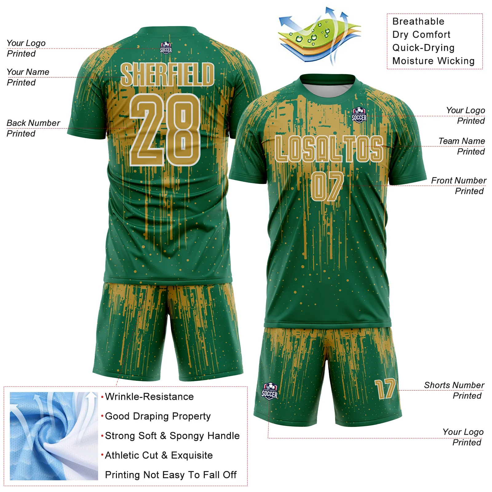 Custom Kelly Green Old Gold-White Dripping Splatte Pattern Sports Sublimation Soccer Uniform Jersey - Image 4