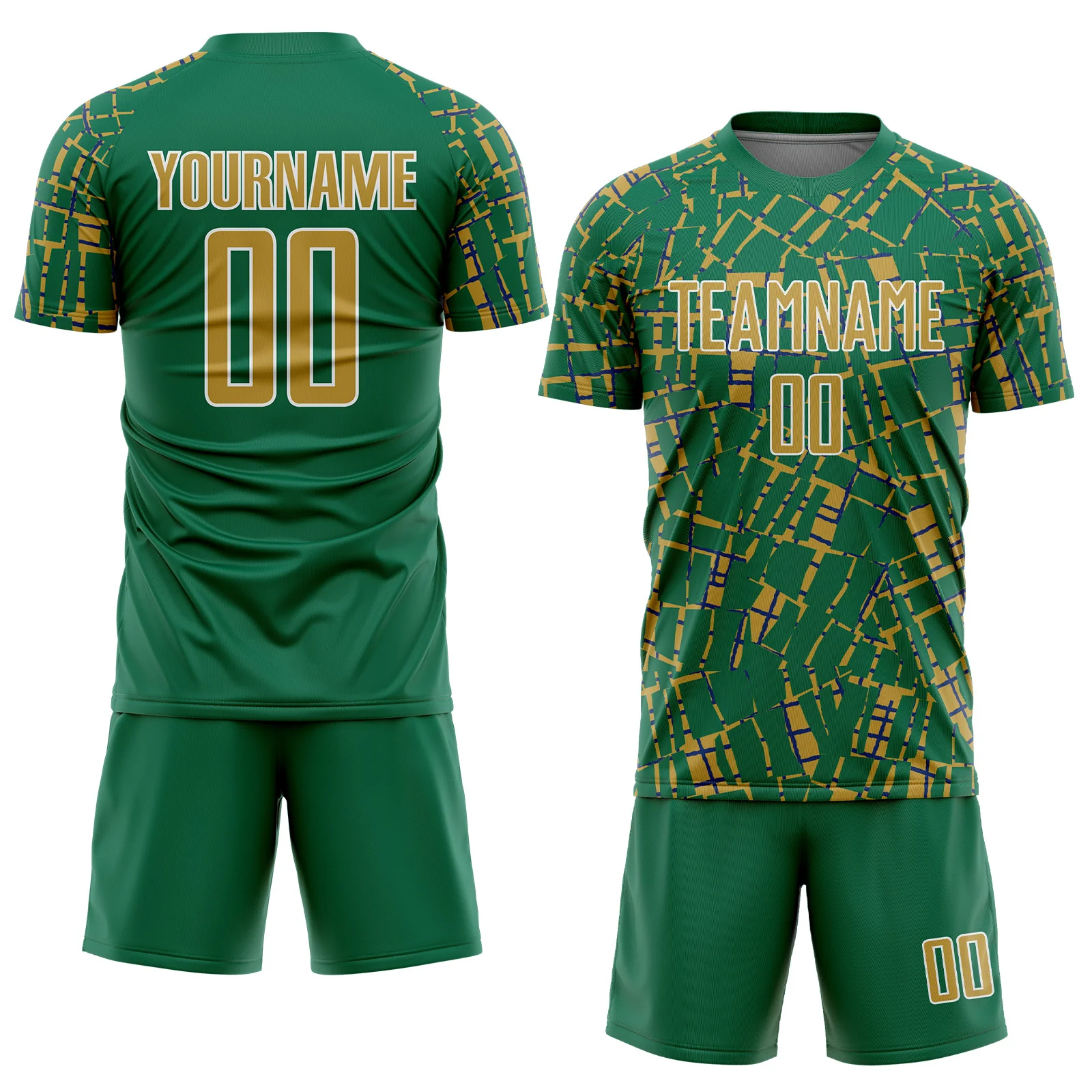 Custom Kelly Green Old Gold-White Abstract Line Sports Sublimation Soccer Uniform Jersey - Image 2