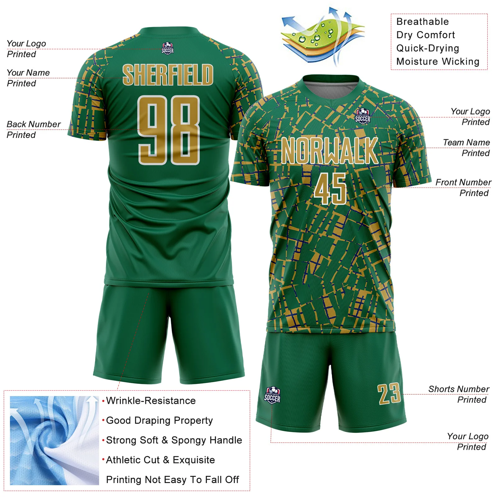 Custom Kelly Green Old Gold-White Abstract Line Sports Sublimation Soccer Uniform Jersey - Image 4