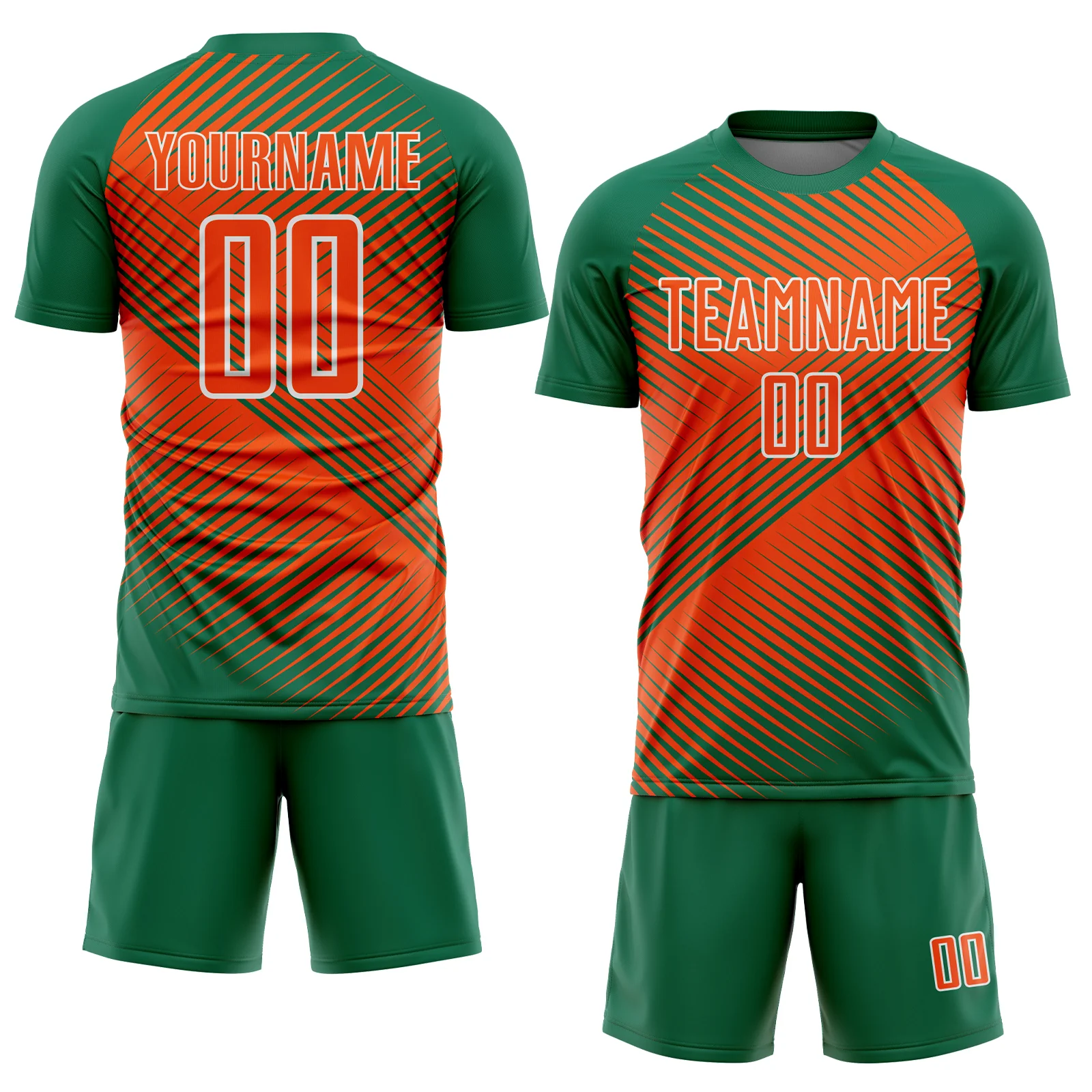 Custom Kelly Green Orange-White Line Sublimation Soccer Uniform Jersey - Image 2