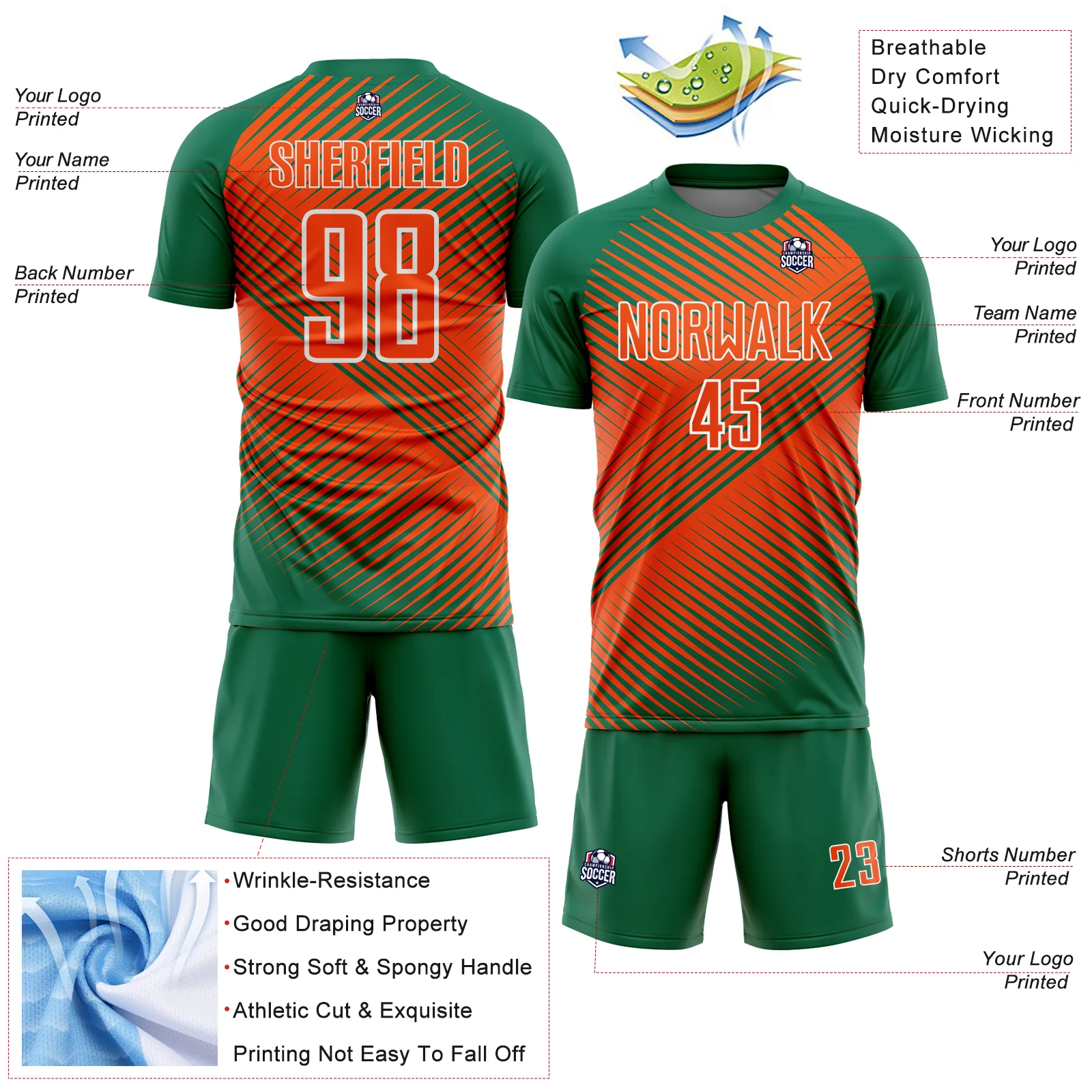 Custom Kelly Green Orange-White Line Sublimation Soccer Uniform Jersey - Image 4