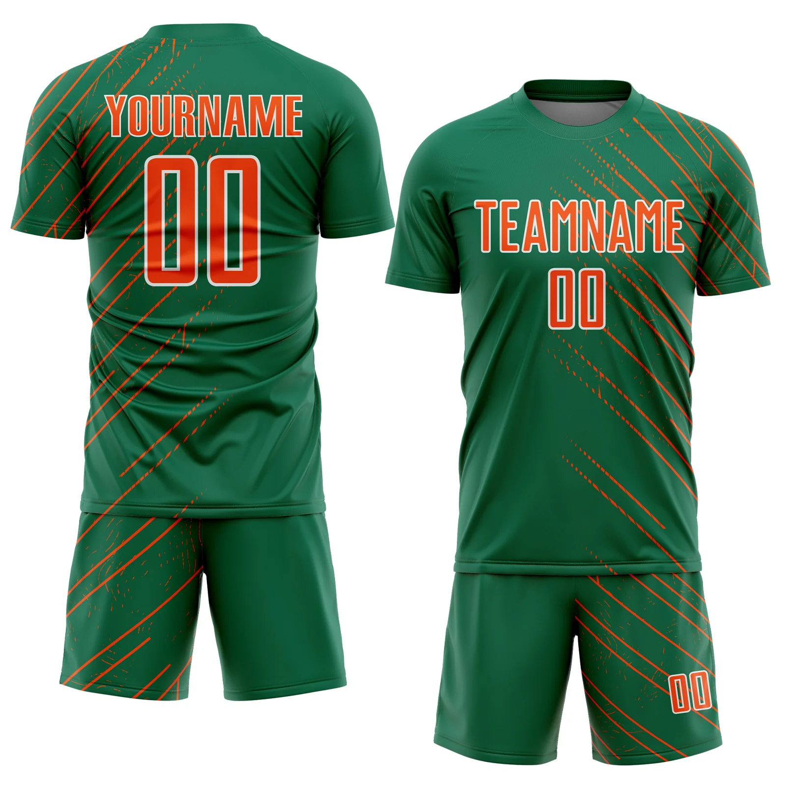 Custom Kelly Green Orange-White Lines Sports Sublimation Soccer Uniform Jersey - Image 2
