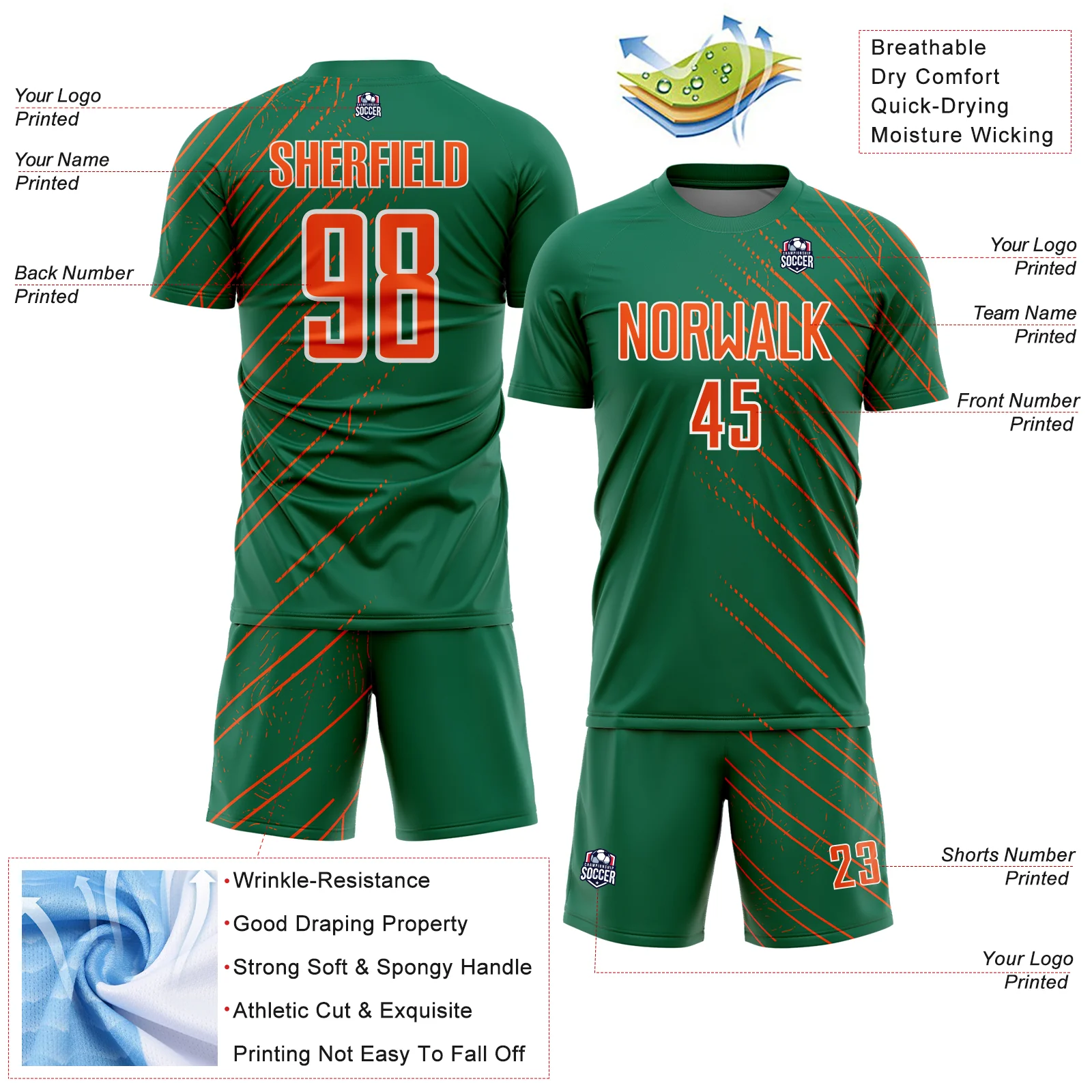 Custom Kelly Green Orange-White Lines Sports Sublimation Soccer Uniform Jersey - Image 4