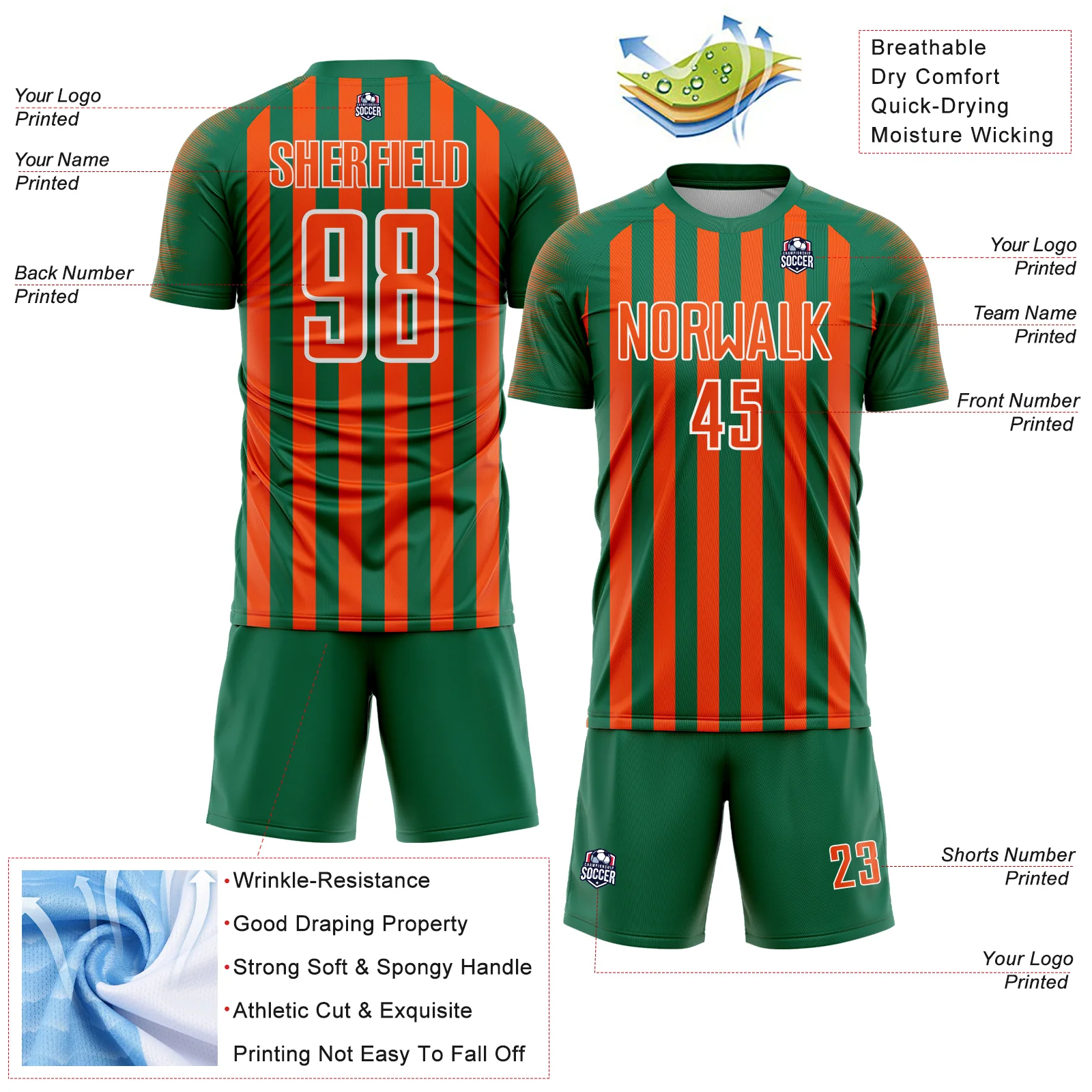 Custom Kelly Green Orange-White Stripe Sports Sublimation Soccer Uniform Jersey - Image 4