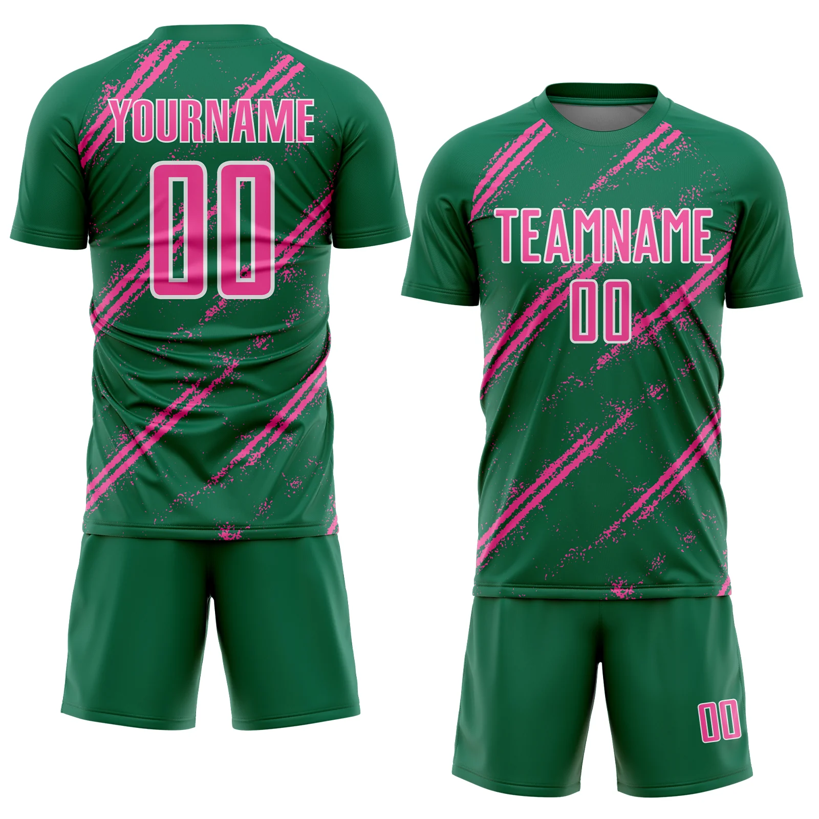 Custom Kelly Green Pink-White Abstract Fragment Art Splash Sublimation Soccer Uniform Jersey - Image 2