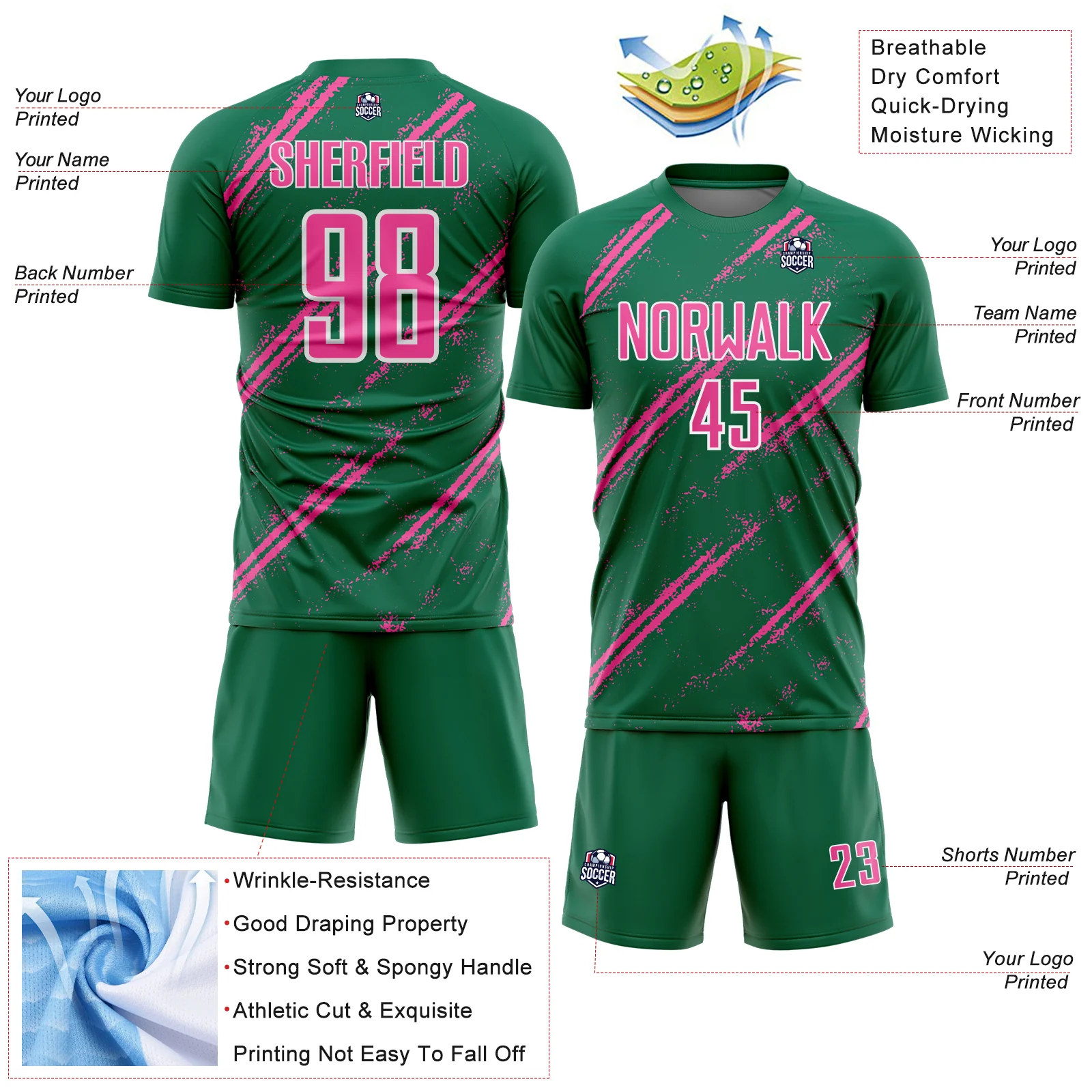 Custom Kelly Green Pink-White Abstract Fragment Art Splash Sublimation Soccer Uniform Jersey - Image 4