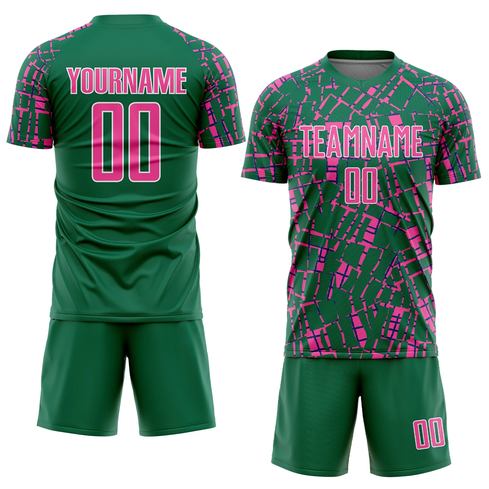 Custom Kelly Green Pink-White Abstract Line Sports Sublimation Soccer Uniform Jersey - Image 2