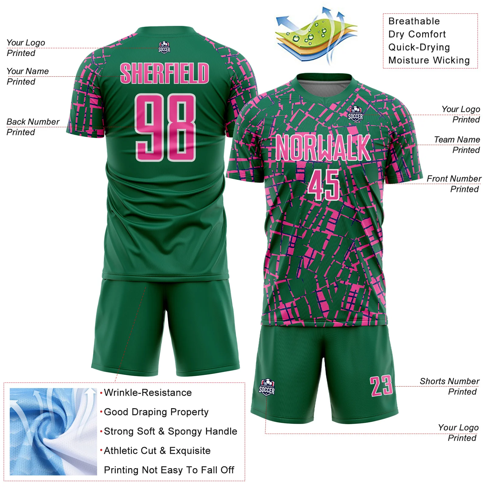 Custom Kelly Green Pink-White Abstract Line Sports Sublimation Soccer Uniform Jersey - Image 4