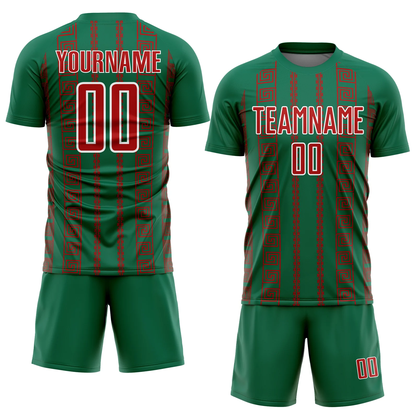 Custom Kelly Green Red-White Geometric Shape Sublimation Soccer Uniform Jersey - Image 2