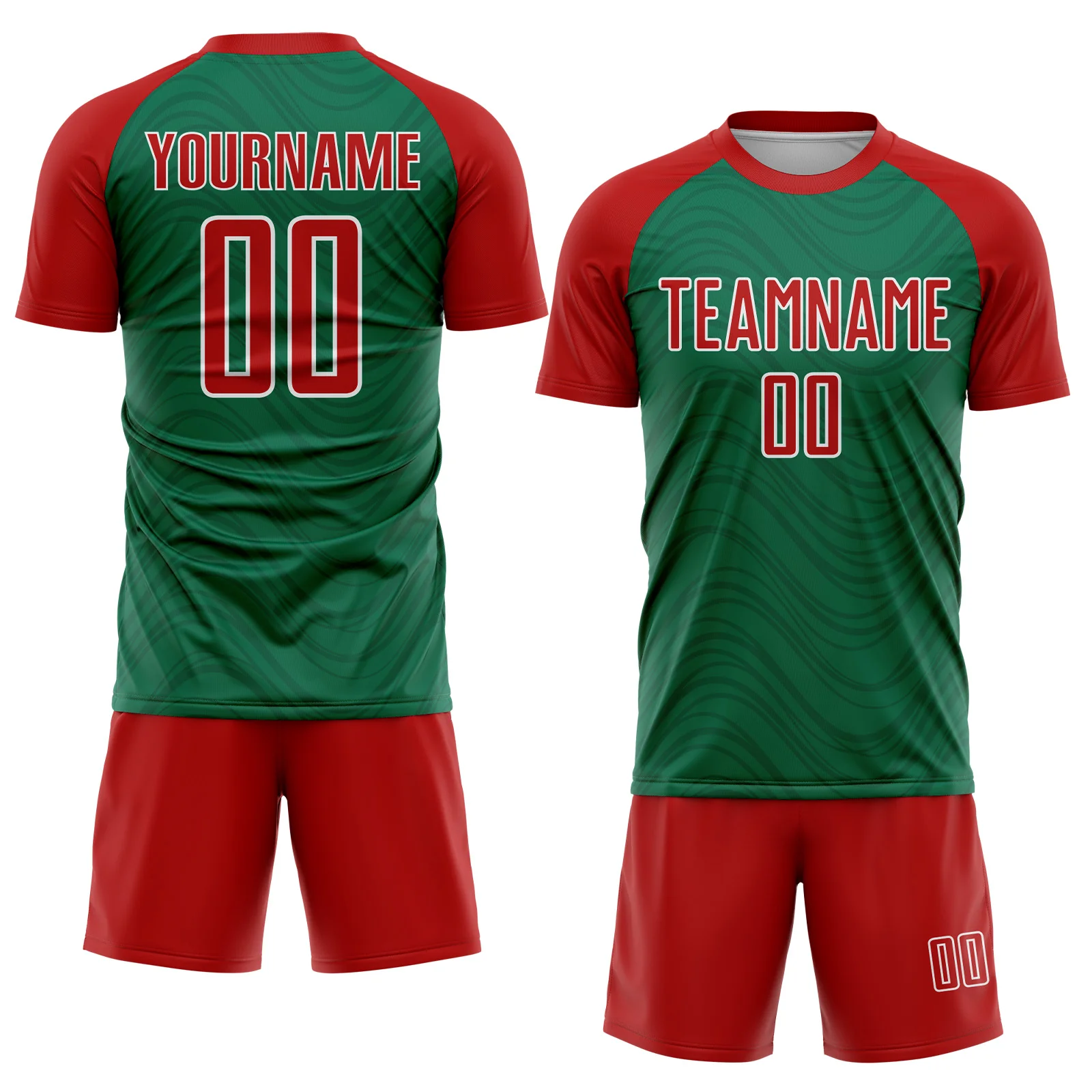 Custom Kelly Green Red-White Wavy Lines Sports Sublimation Soccer Uniform Jersey - Image 2