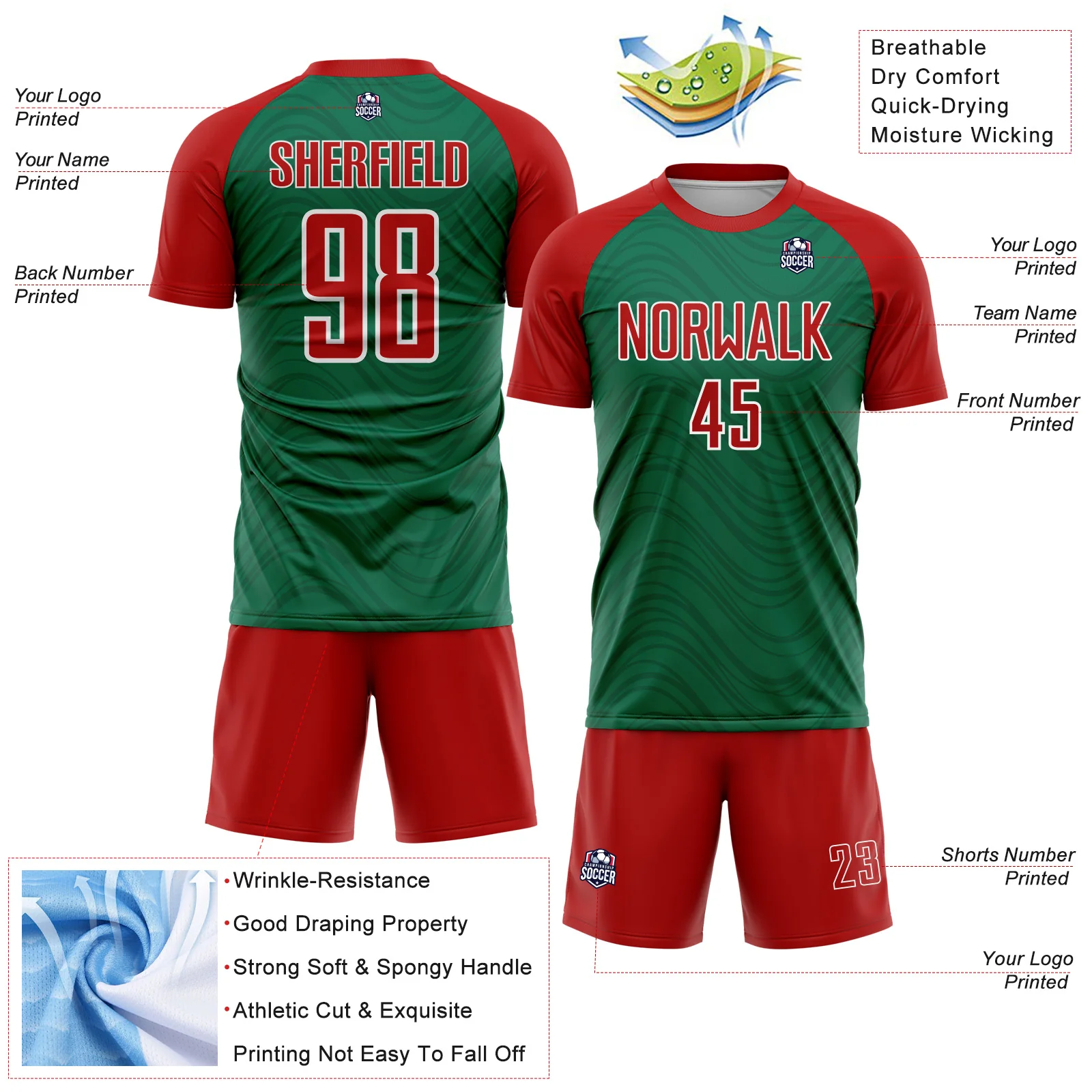 Custom Kelly Green Red-White Wavy Lines Sports Sublimation Soccer Uniform Jersey - Image 4