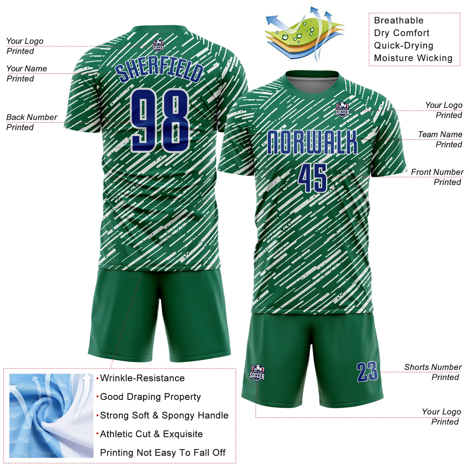 Custom Kelly Green Royal-White Line Sports Sublimation Soccer Uniform Jersey - Image 4