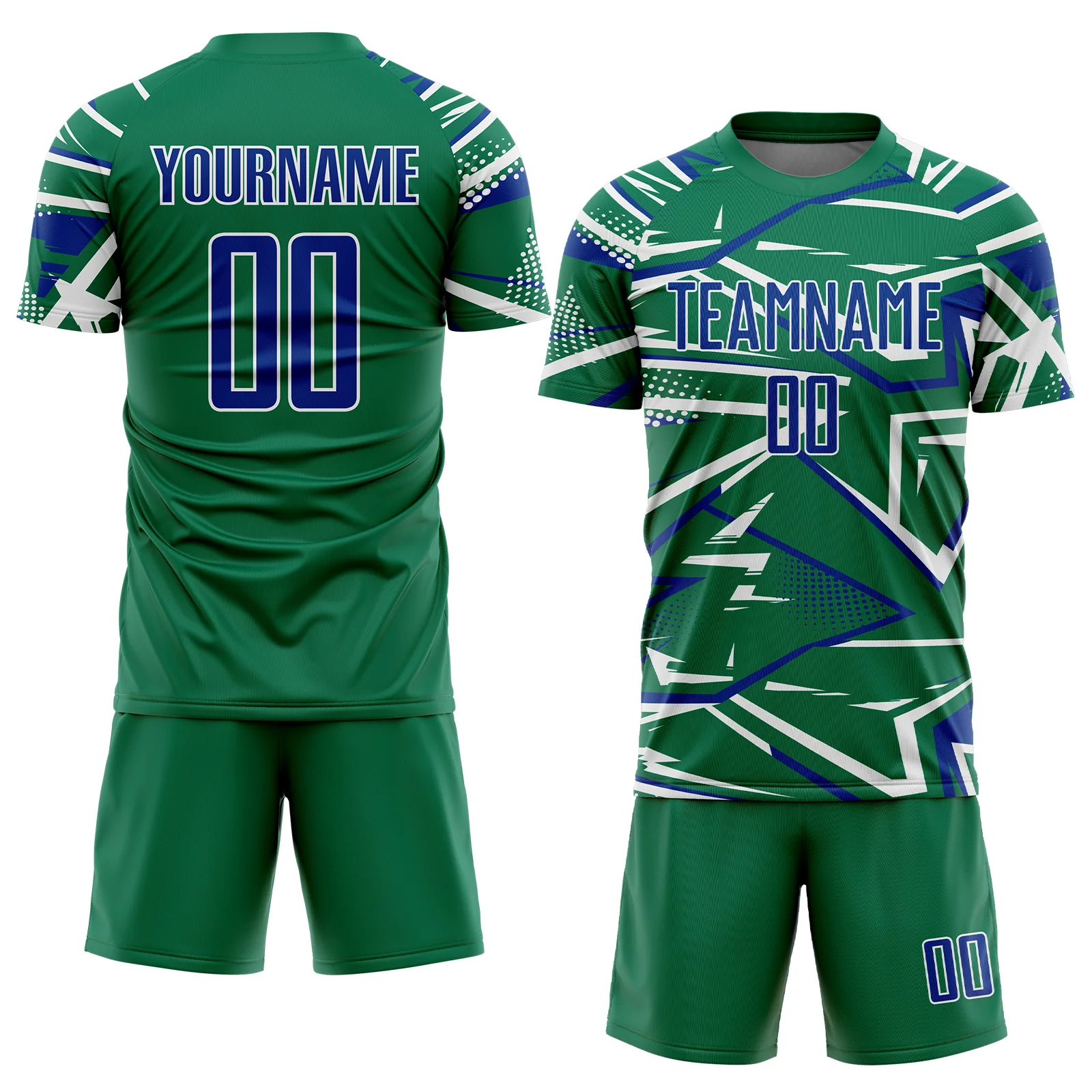 Custom Kelly Green Royal-White Abstract Geometric Stripes Sports Sublimation Soccer Uniform Jersey - Image 2