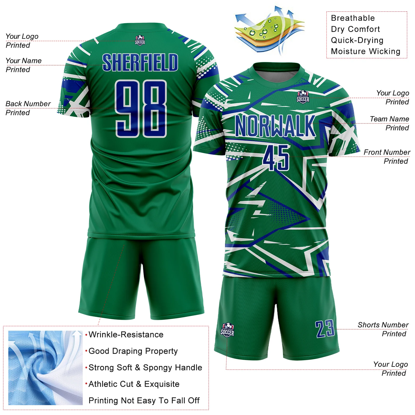 Custom Kelly Green Royal-White Abstract Geometric Stripes Sports Sublimation Soccer Uniform Jersey - Image 4