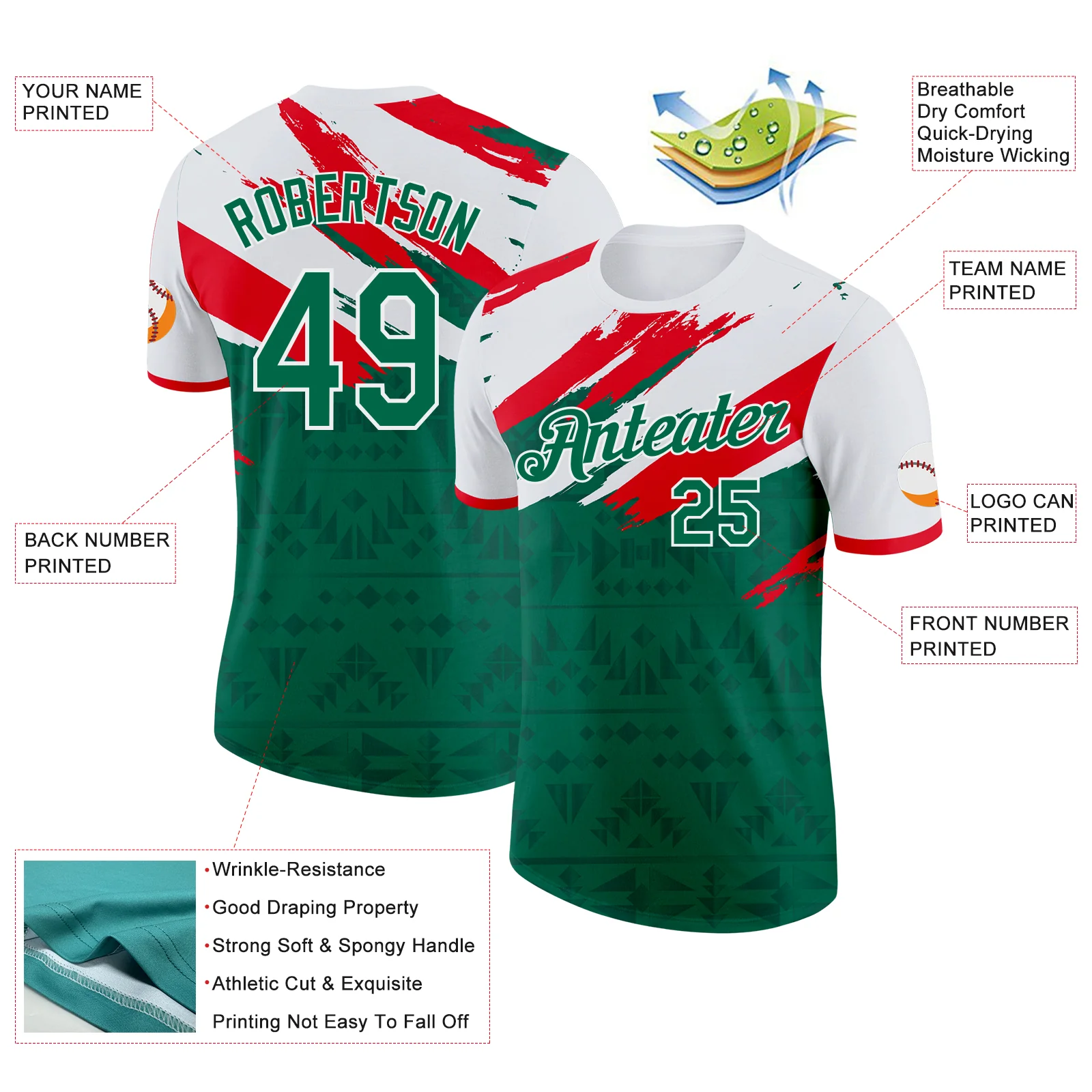 Custom Kelly Green White-Fire Red Mexico Soccer Jersey Performance T-Shirt - Image 2