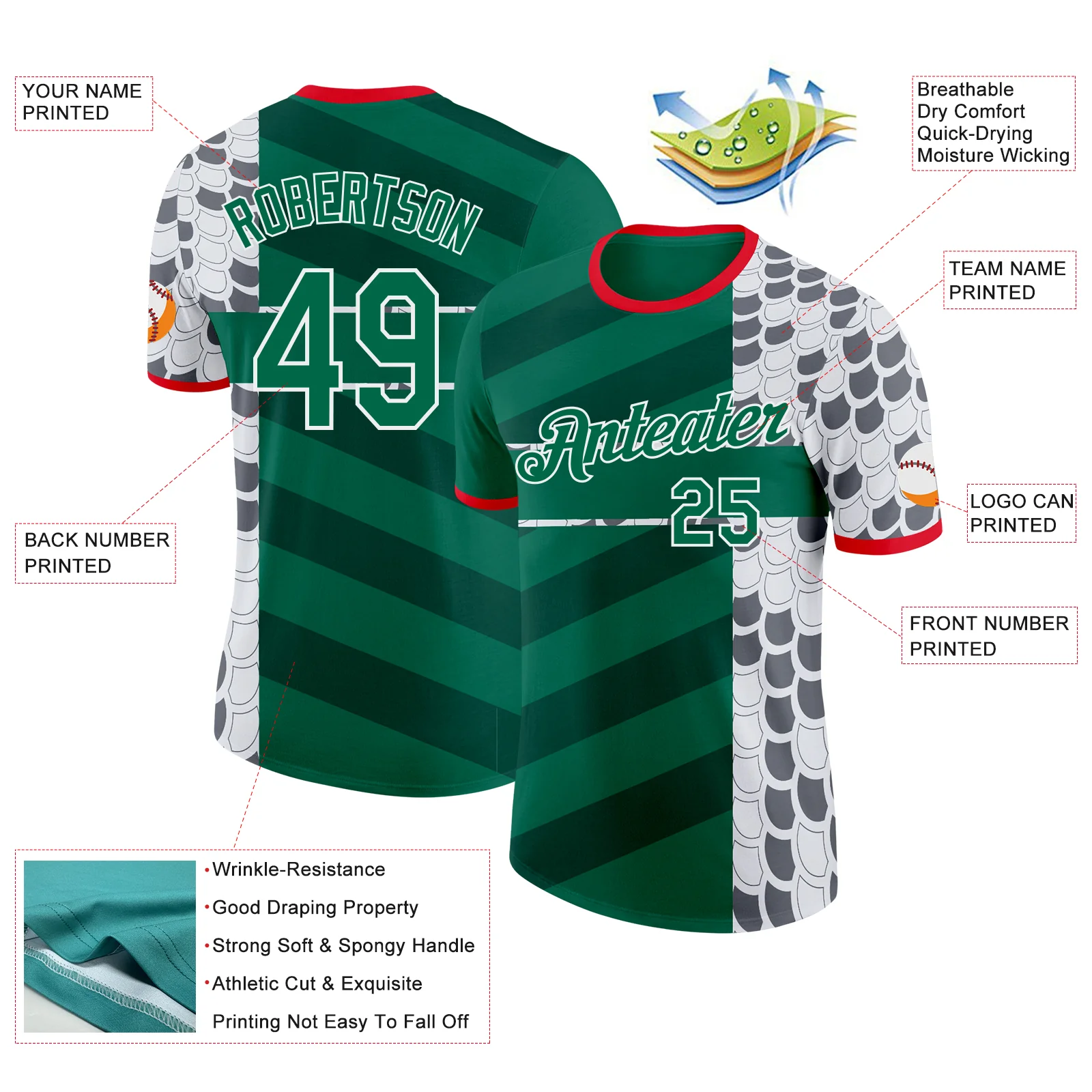 Custom Kelly Green White Fire Red-Gray Mexico Snake Python Print Soccer Jersey Performance T-Shirt - Image 2