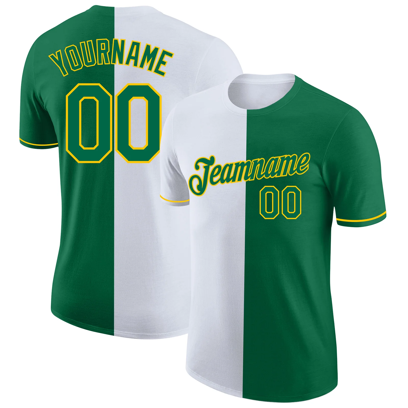 Custom Kelly Green White-Yellow Split Fashion Performance T-Shirt