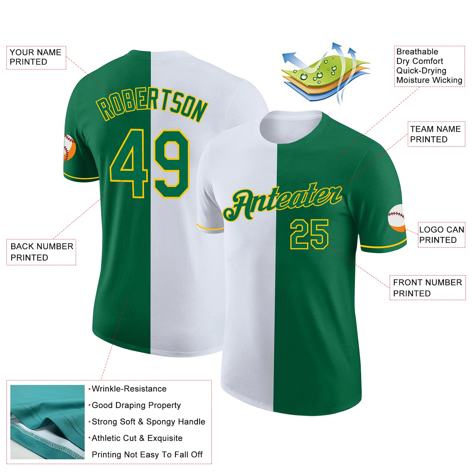 Custom Kelly Green White-Yellow Split Fashion Performance T-Shirt - Image 2