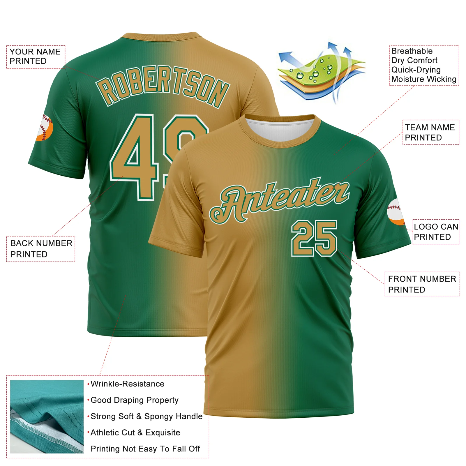 Custom Kelly Green Old Gold-White Gradient Fashion Performance T-Shirt - Image 3
