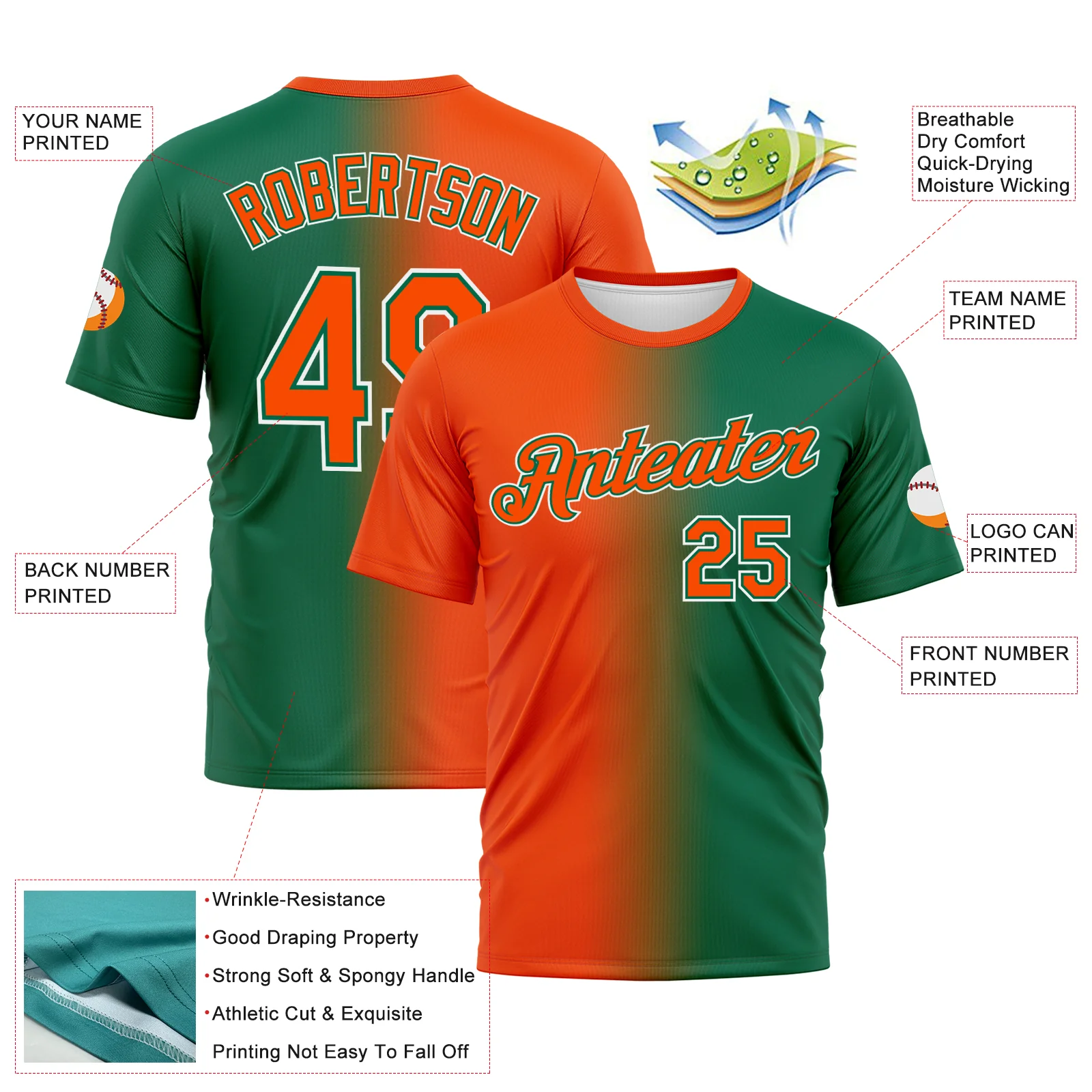 Custom Kelly Green Orange-White Gradient Fashion Performance T-Shirt - Image 3