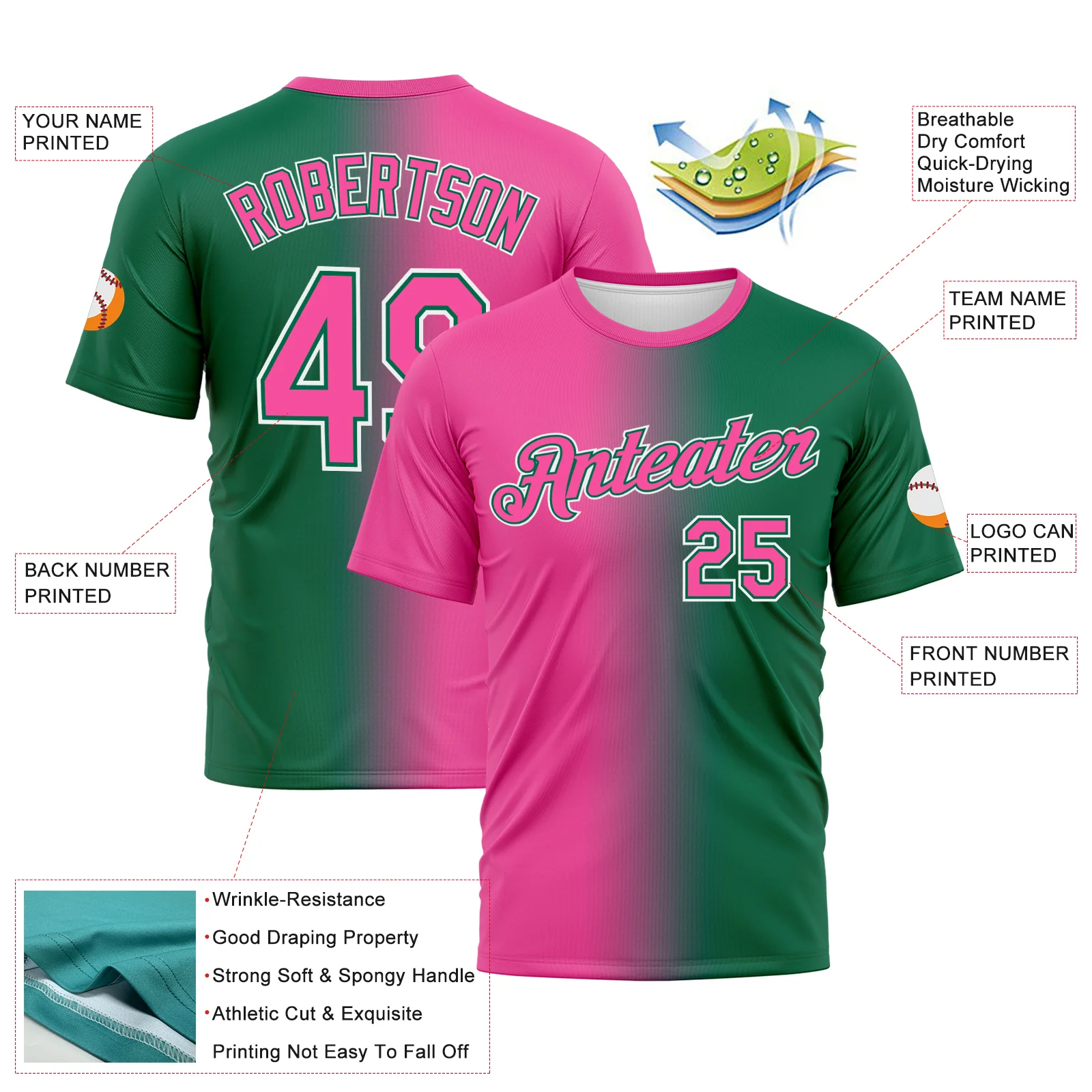 Custom Kelly Green Pink-White Gradient Fashion Performance T-Shirt - Image 3