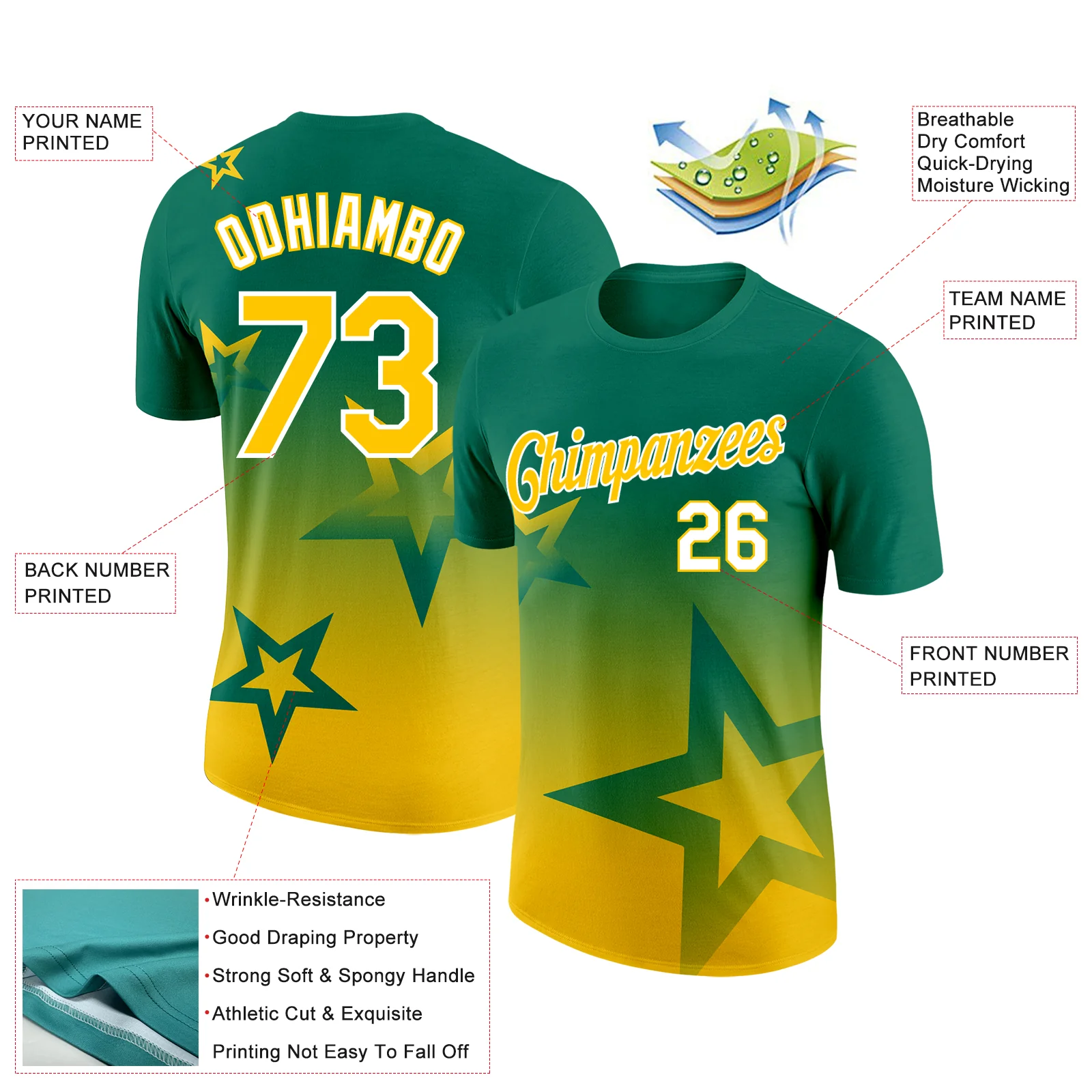 Custom Kelly Green Yellow-White 3D Pattern Design Gradient Style Twinkle Star Performance T-Shirt - Image 2